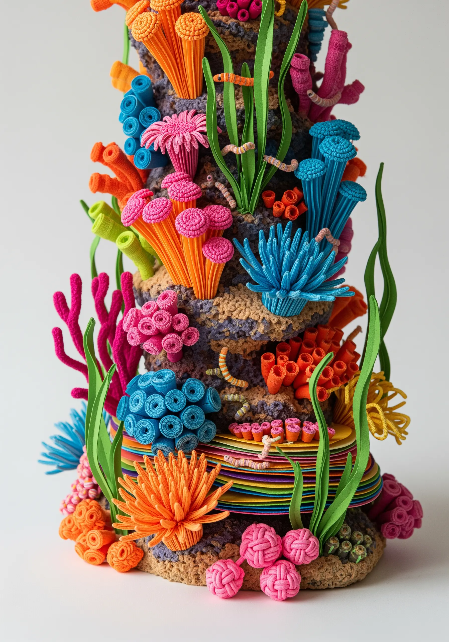 A colorful paper sculpture of a coral reef combining quilling, knots, and weaving techniques.
