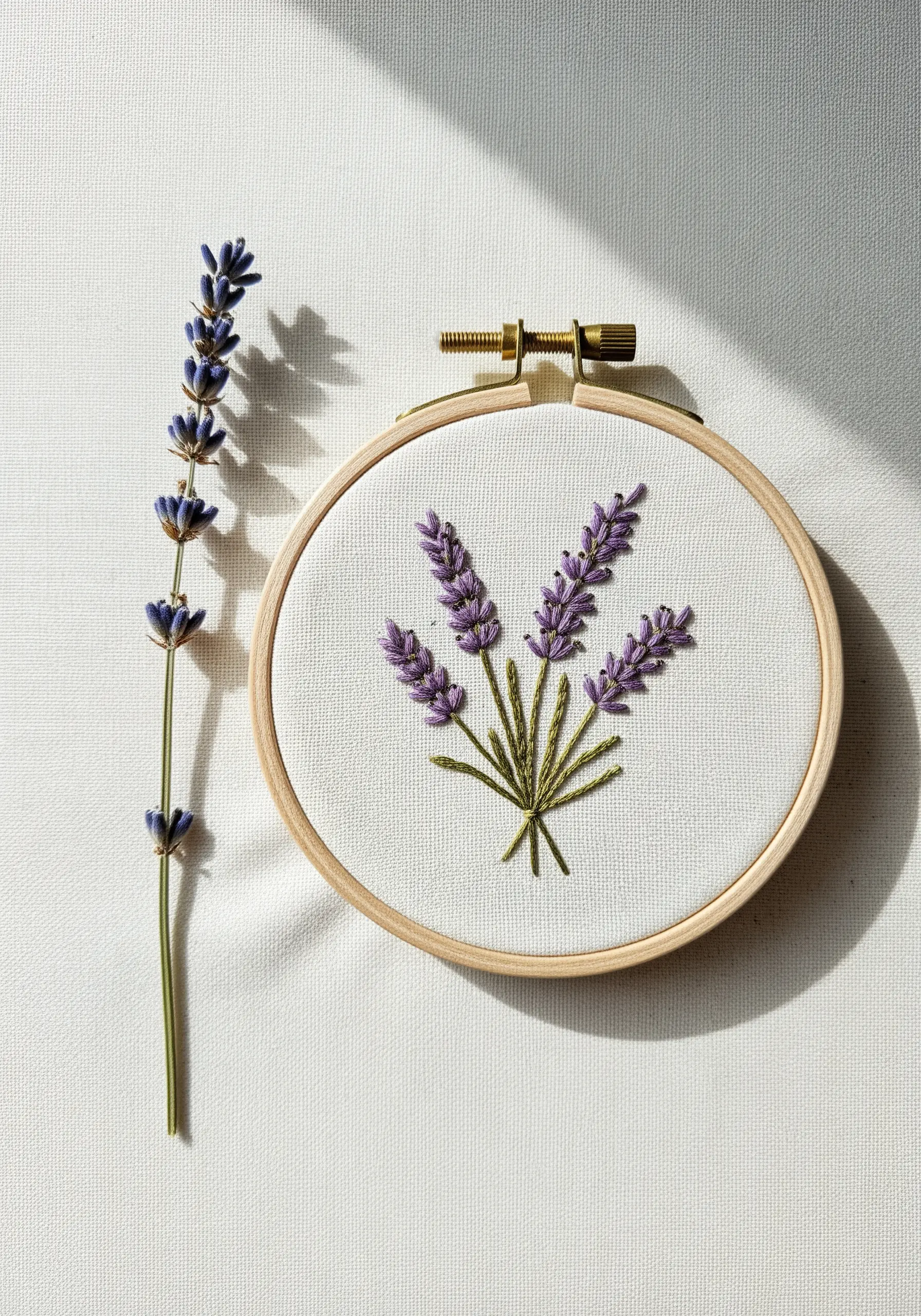 Embroidered lavender sprigs with purple knots and green fly stitch leaves.