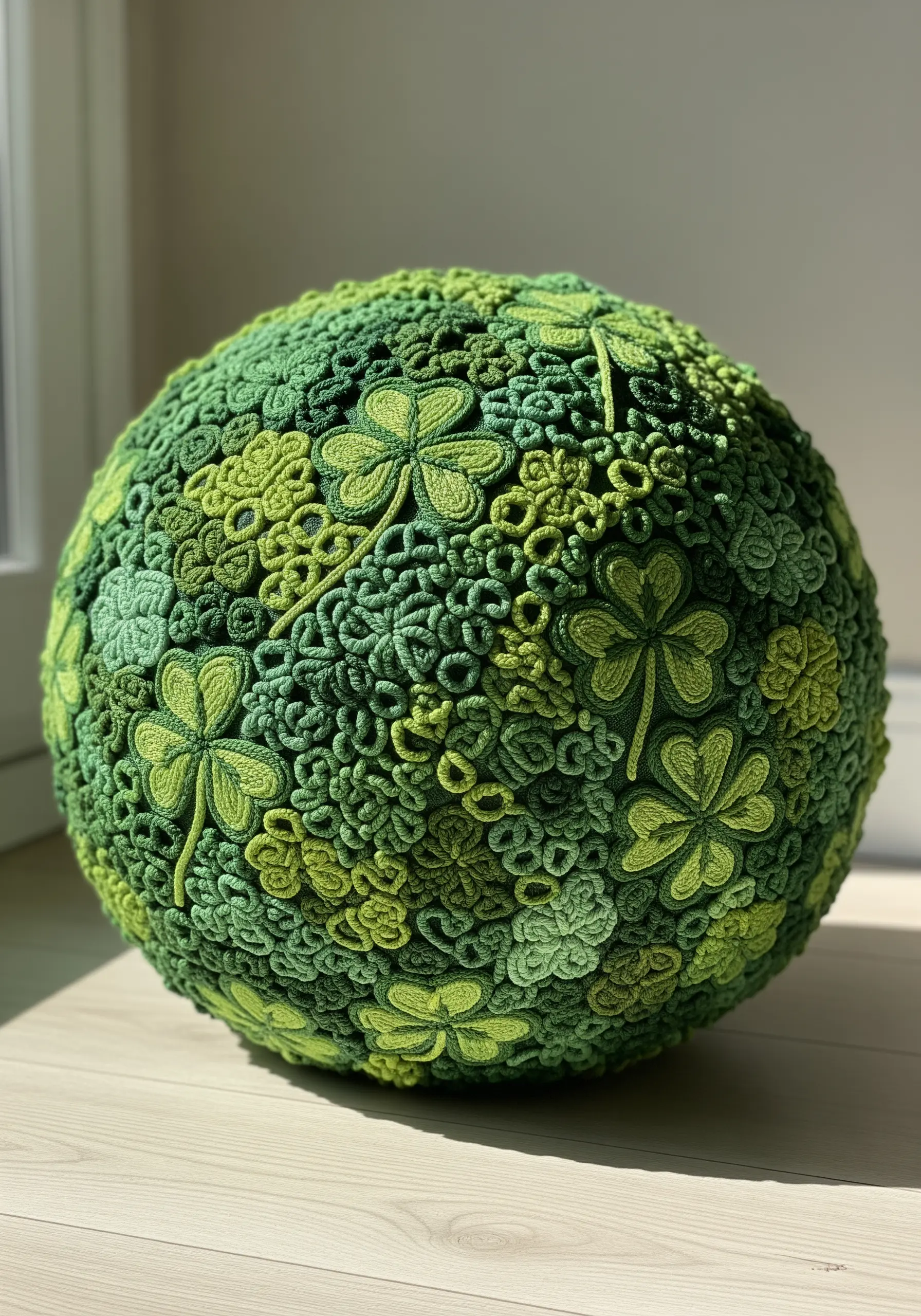 A large green sphere covered in dense, three-dimensional crocheted clover and loop motifs.
