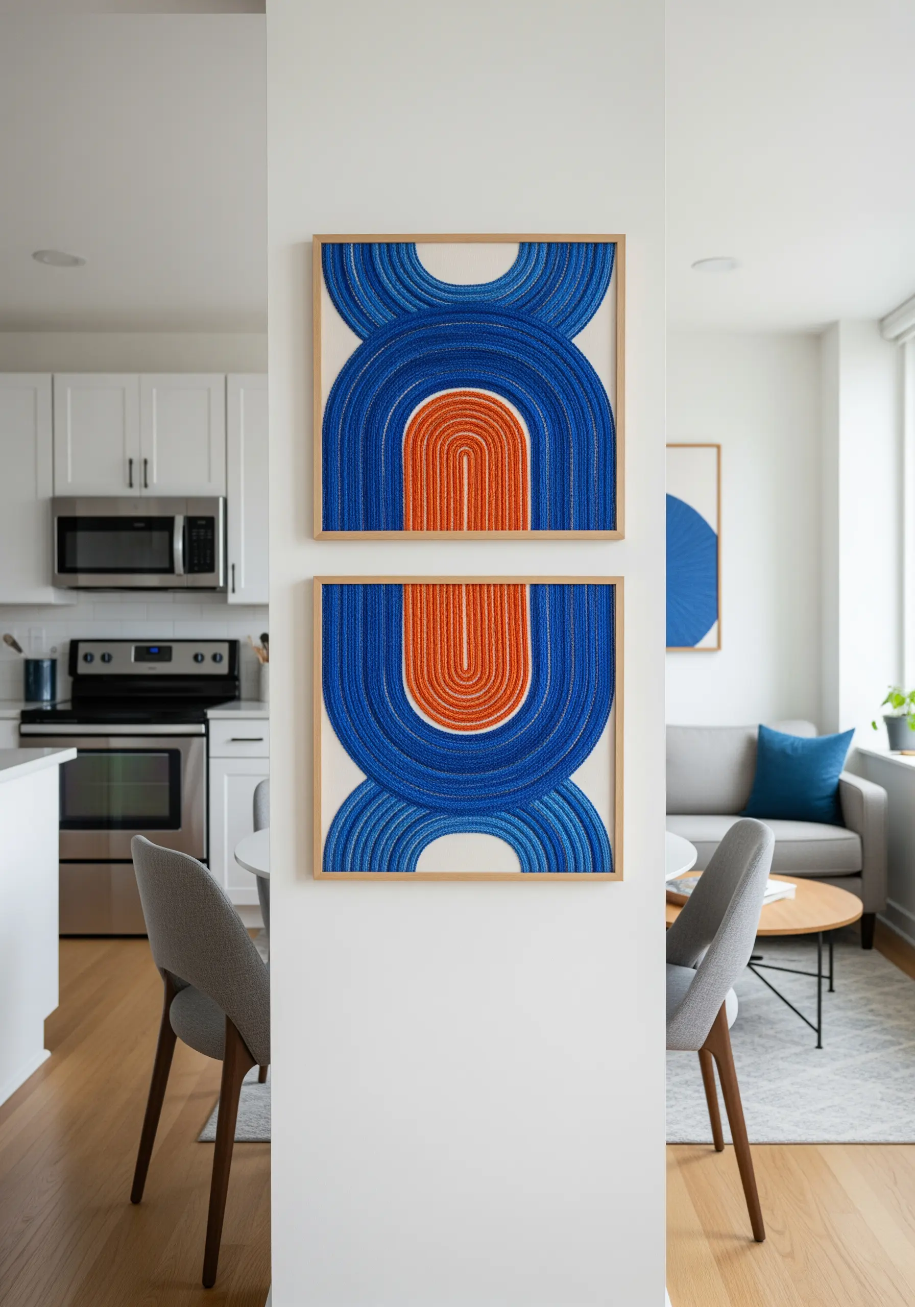 Two framed pieces with dense, concentric arcs of blue and orange thread.