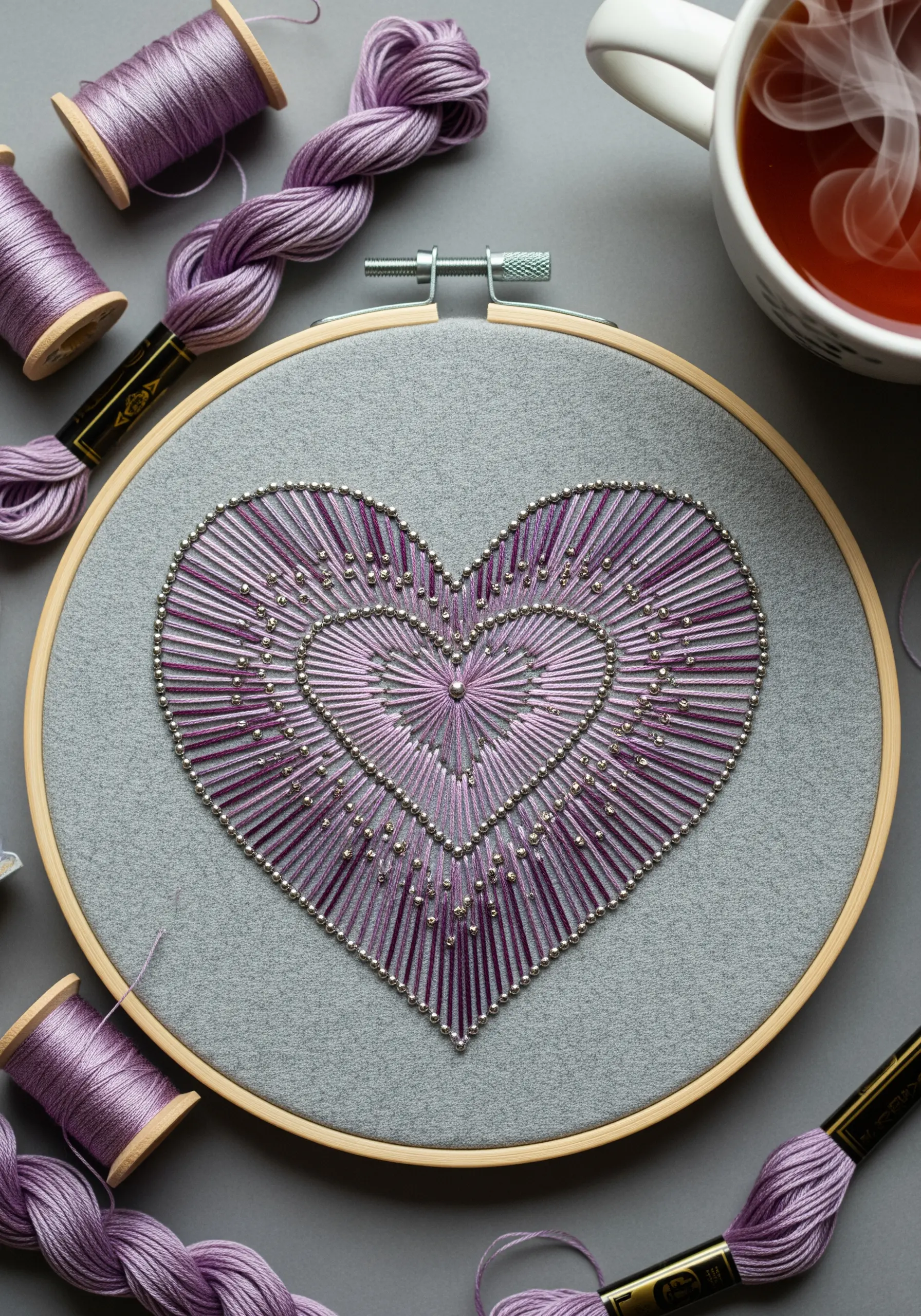 Concentric string art hearts in shades of purple on gray fabric, outlined with silver beads.