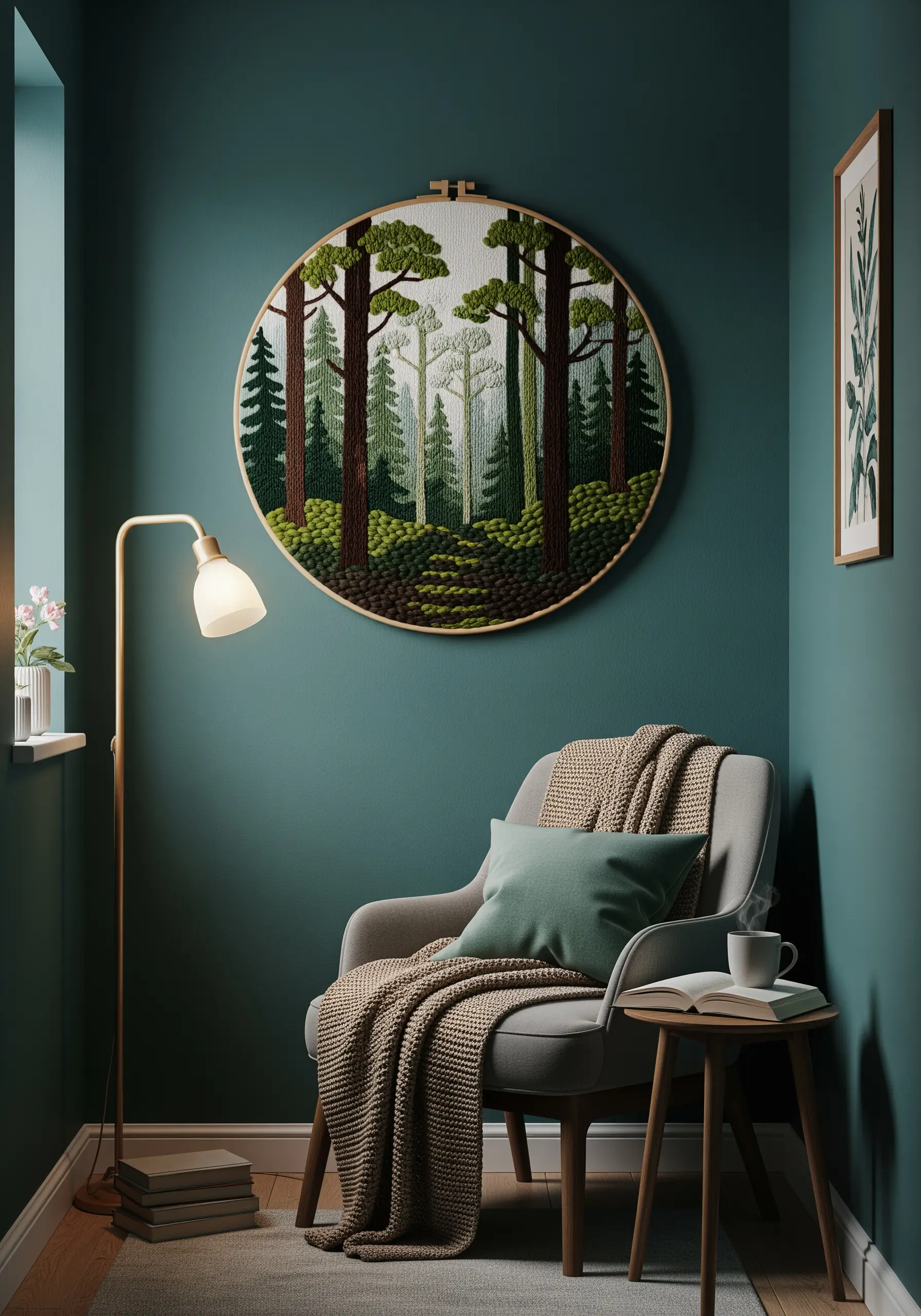 Large round embroidery of a dense forest scene hanging in a cozy reading nook