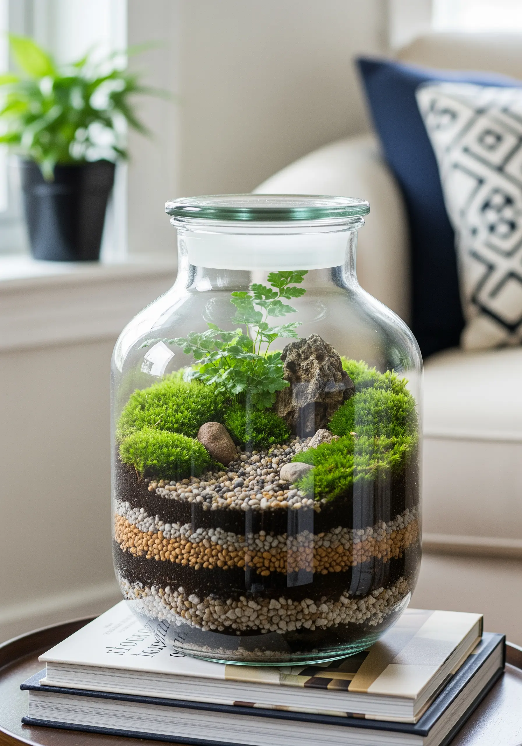 A glass jar terrarium with layers of soil, pebbles, moss, and small green plants.
