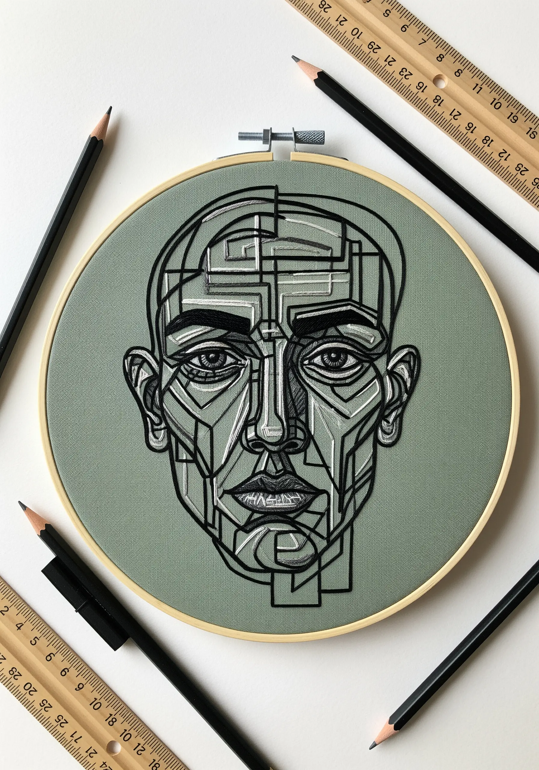 A complex geometric portrait with black, white, and grey thread on sage green fabric.