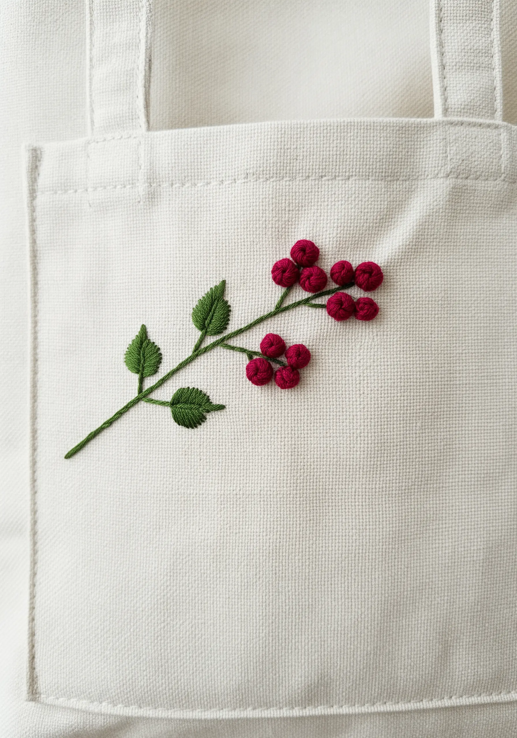 A branch with satin stitch leaves and plump, dark red berries made of French knots.