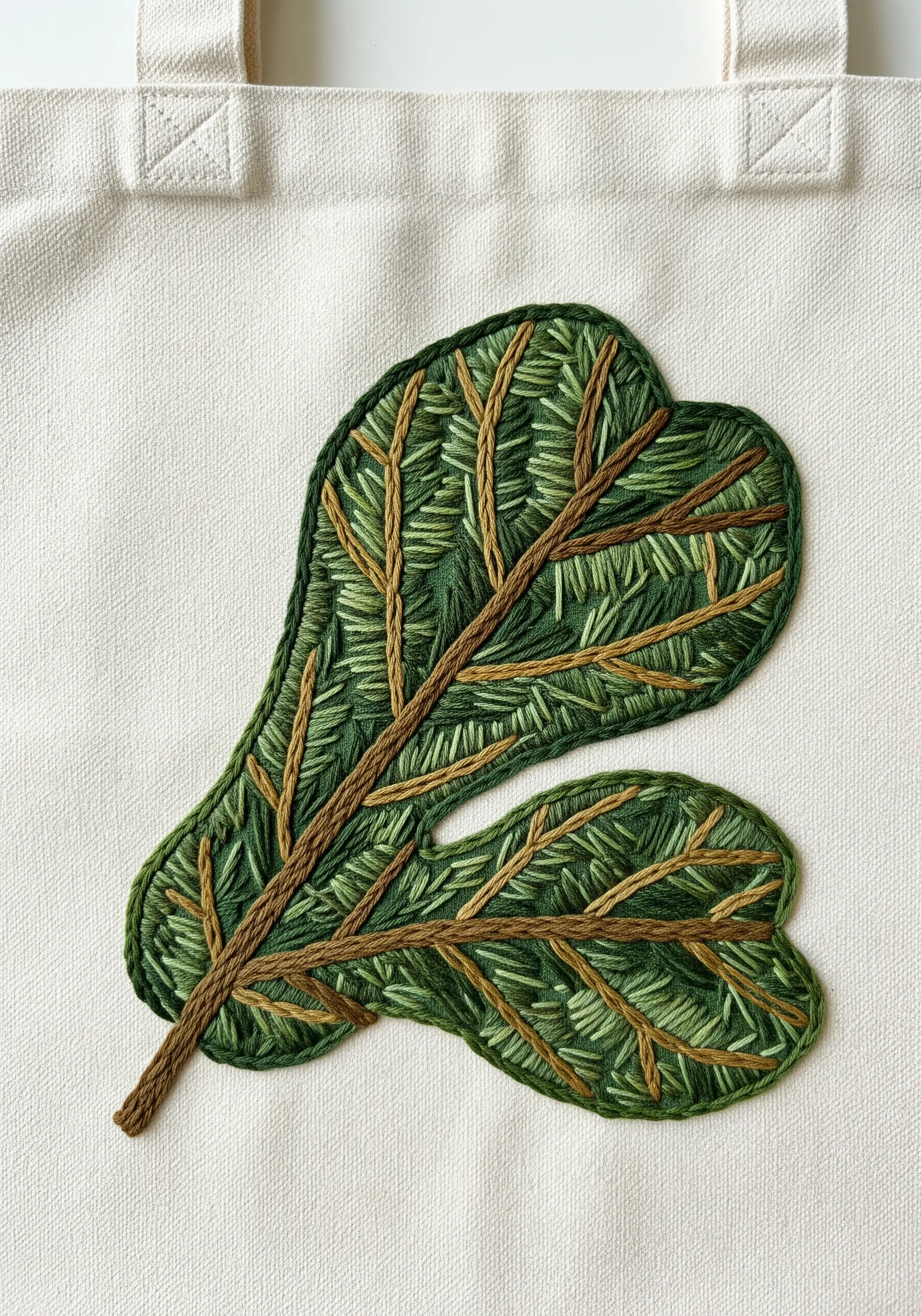 Green leaf embroidery on a tote bag using directional satin stitch sections.