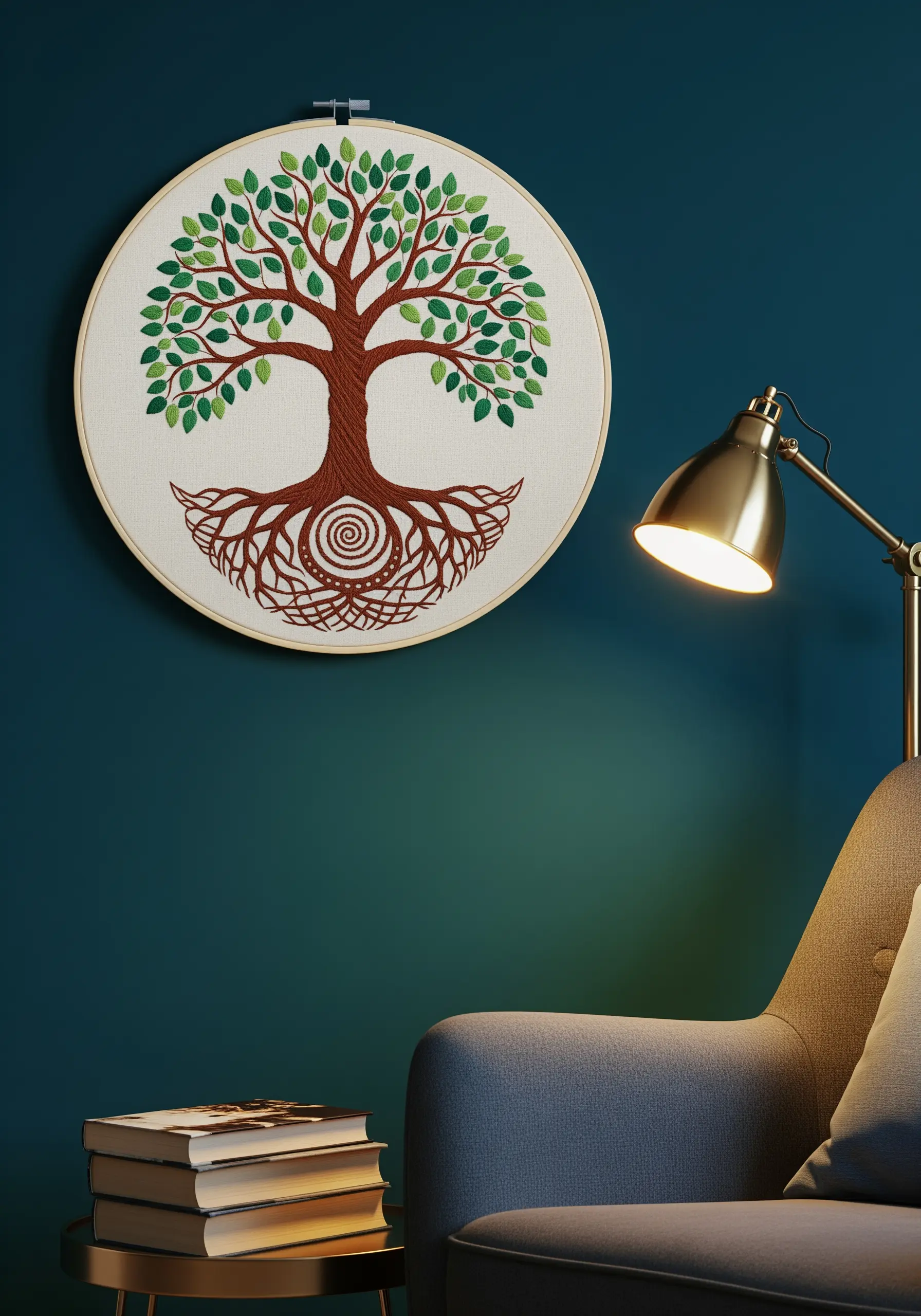 Embroidered Tree of Life in a hoop, with detailed leaves and swirling roots.
