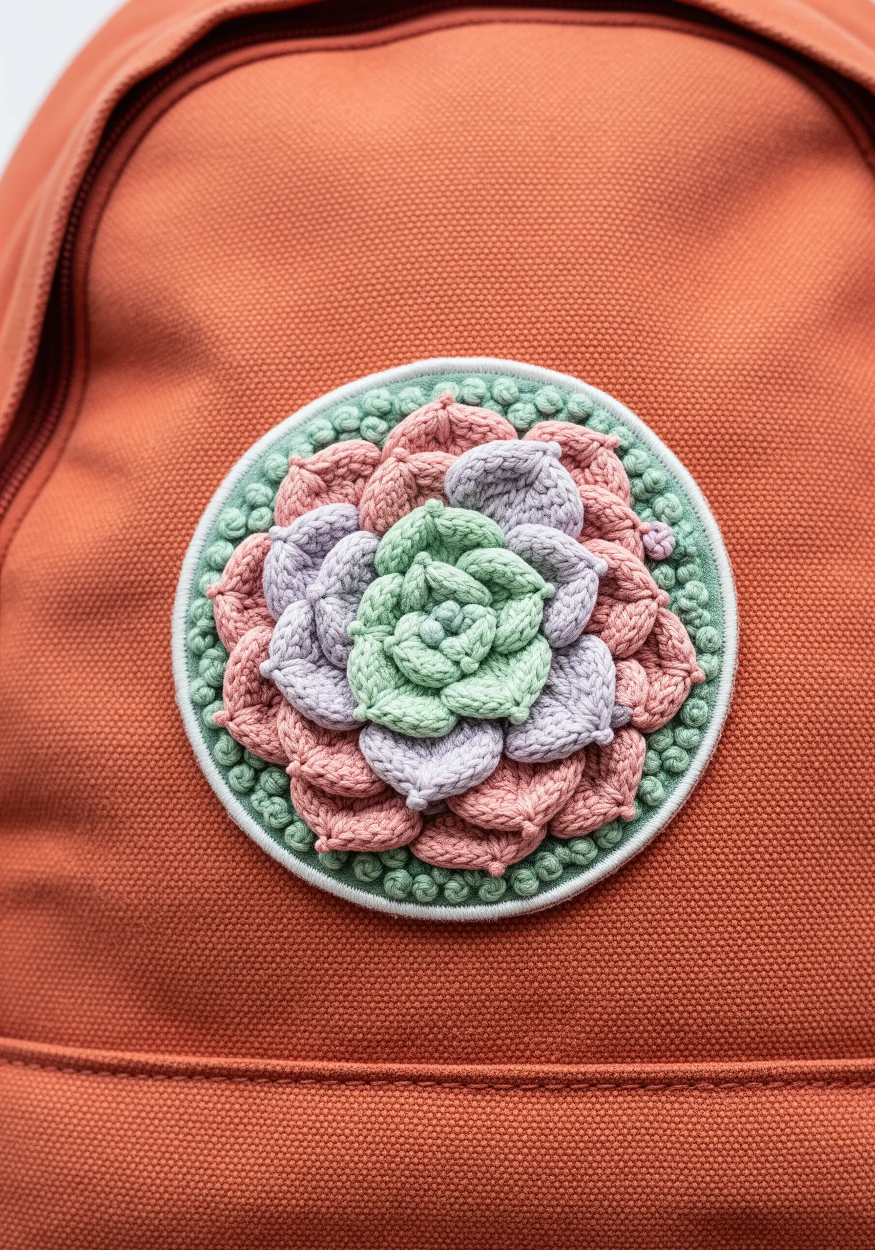 A dimensional, embroidered succulent patch in pastel colors on a terra-cotta canvas backpack.