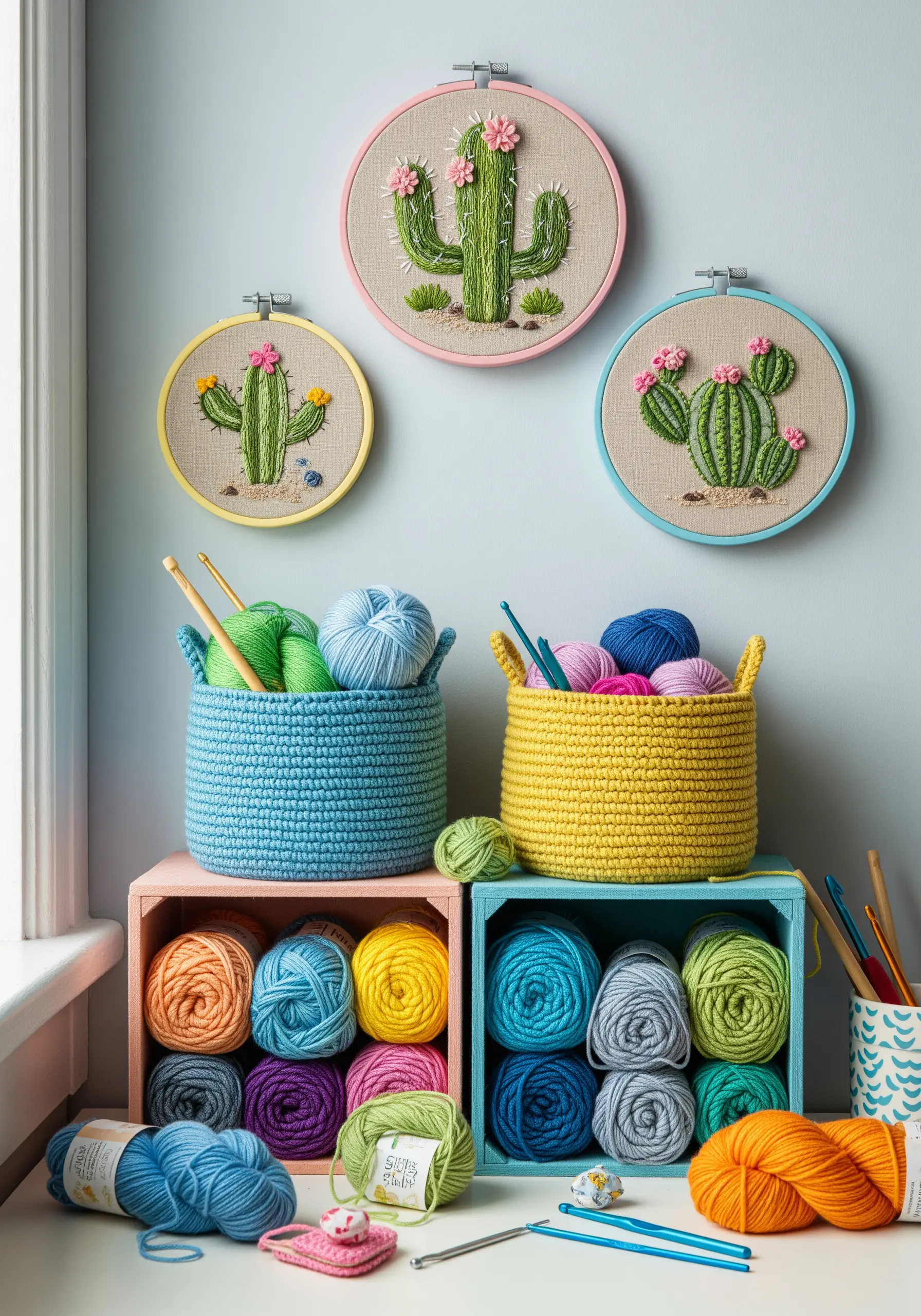 A trio of embroidered cacti with pink flowers, displayed in colorful hoops in a craft room.