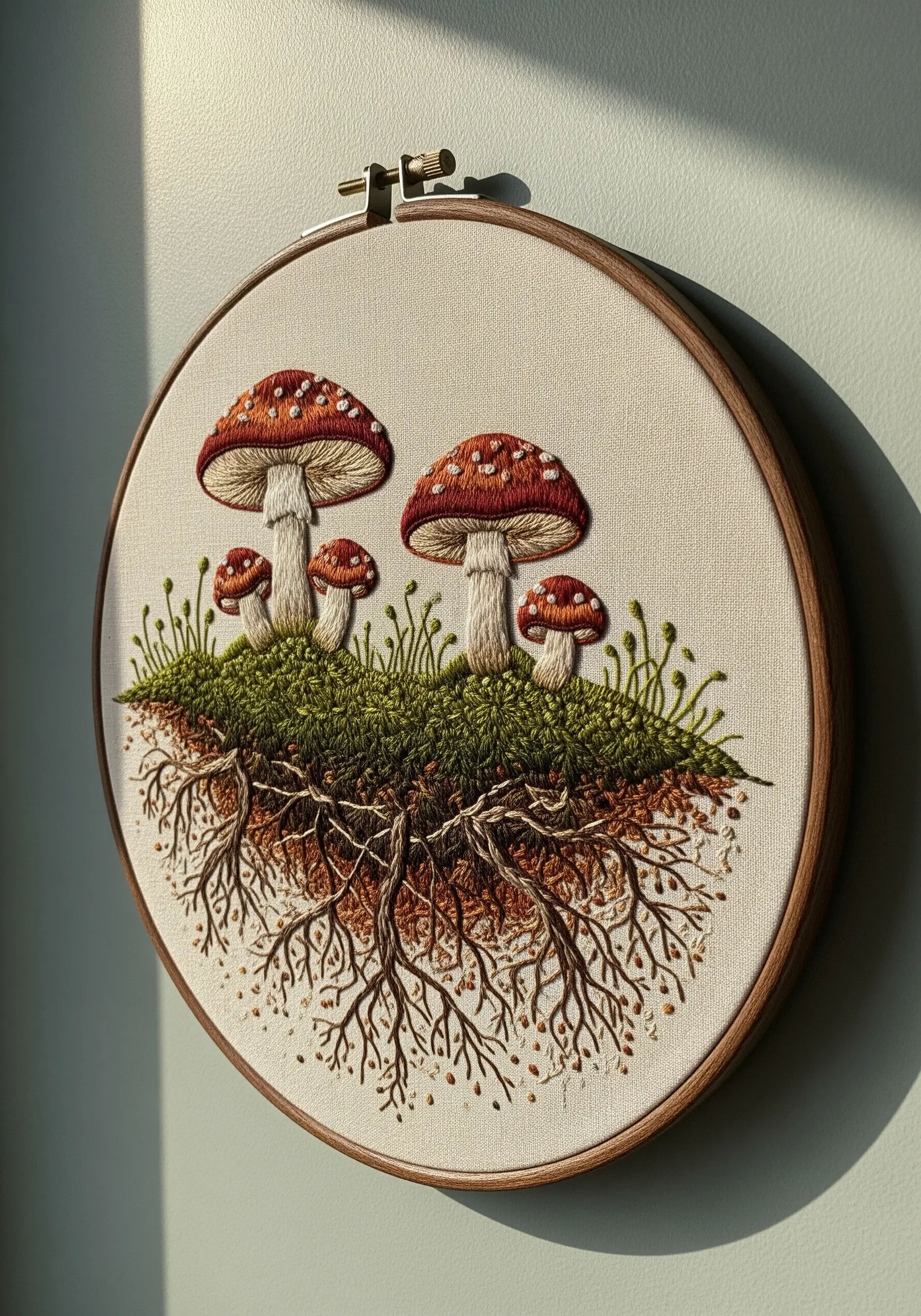 Embroidery of amanita mushrooms with detailed moss and an exposed root system in a wooden hoop.