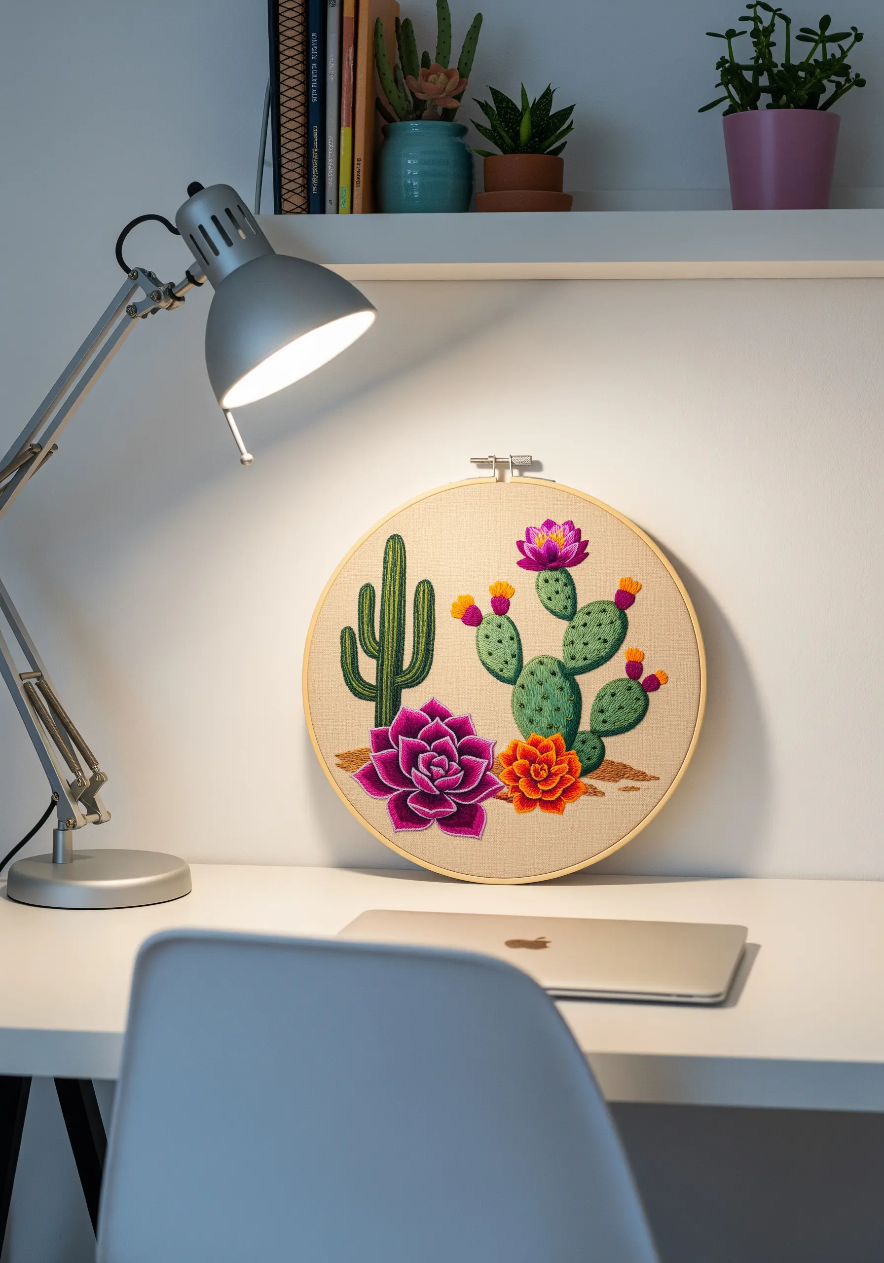 Vibrant embroidery of cacti and succulents with dimensional, padded satin stitches.