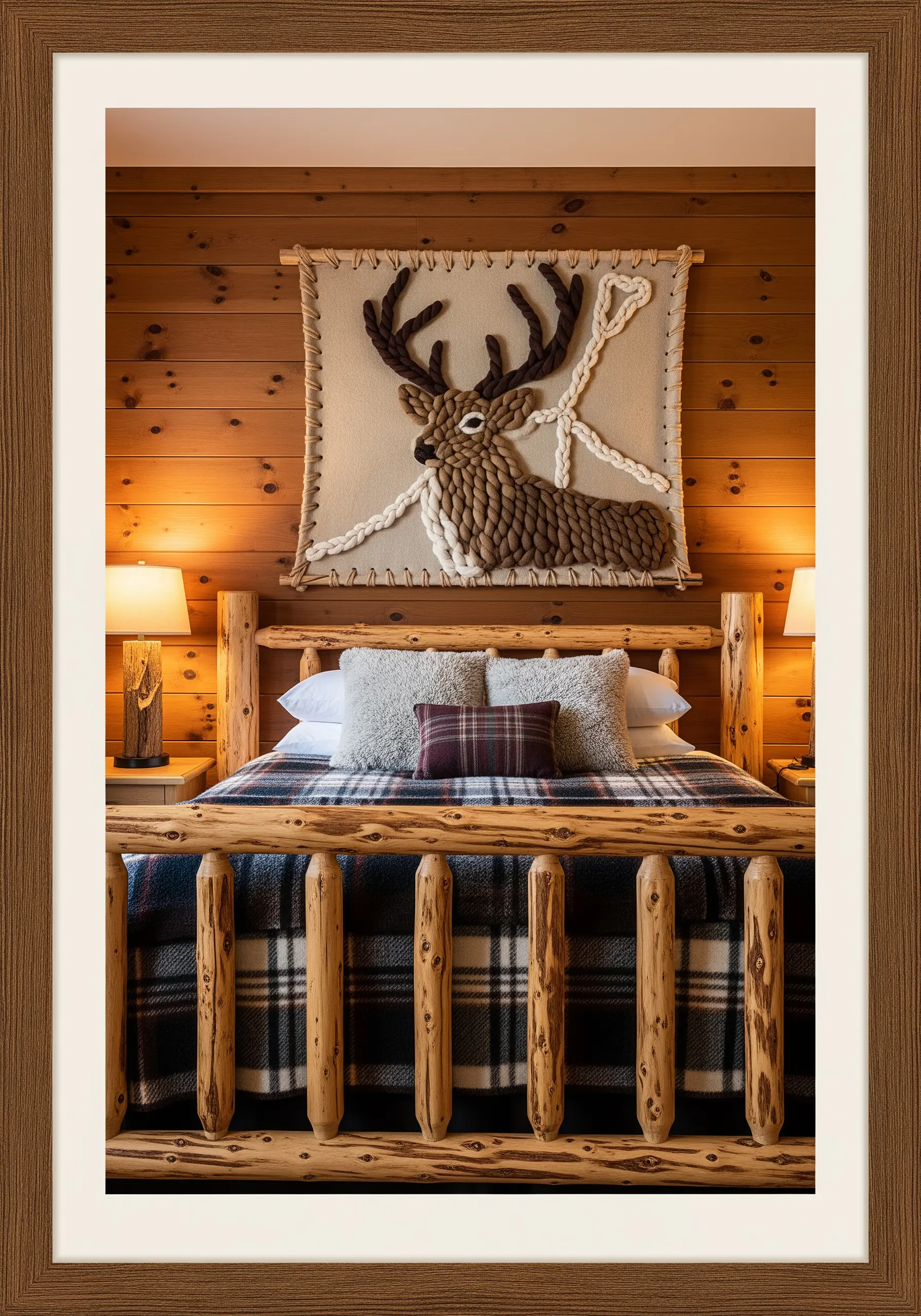 A rustic punch needle wall hanging of a stag made with chunky brown yarn.