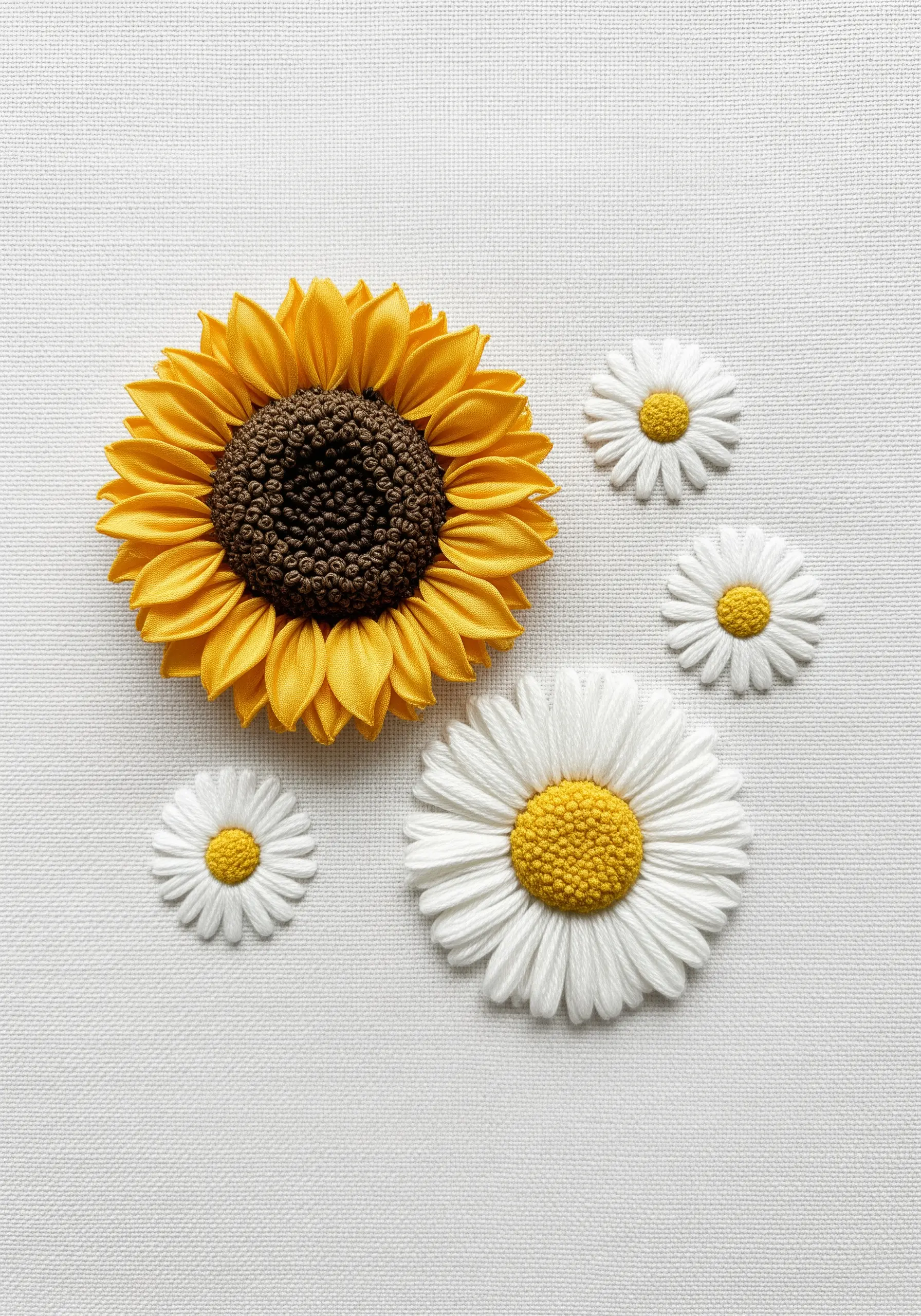 A 3D sunflower made from yellow silk ribbon next to smaller embroidered daisies.