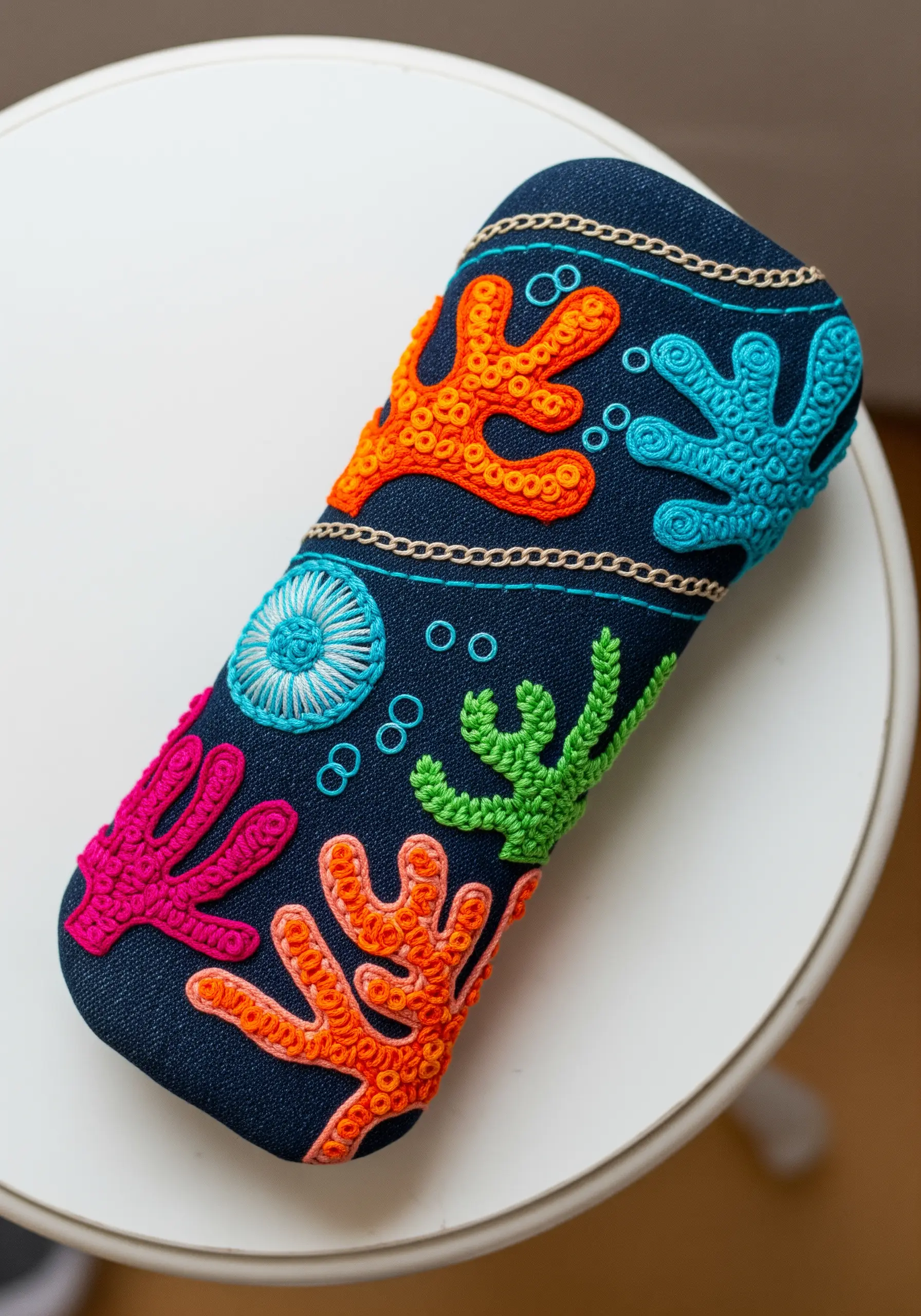 A glasses case with vibrant, high-texture coral motifs made from French knots.