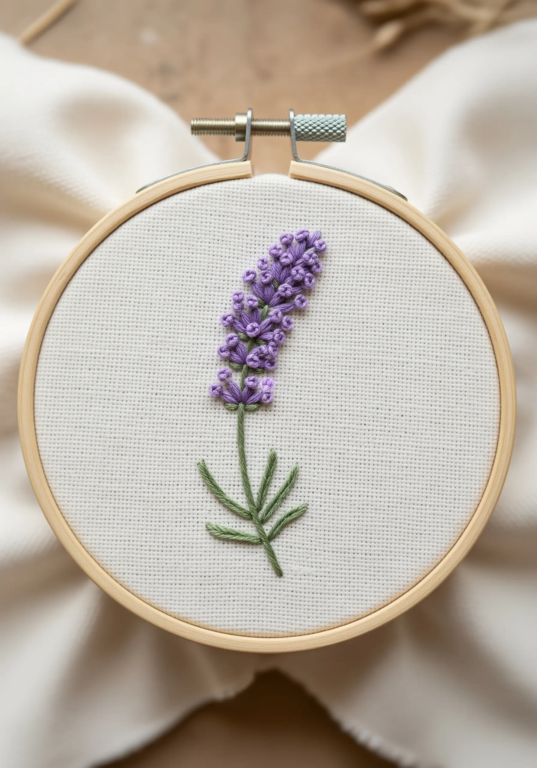 A lavender sprig with purple French knot blossoms and green stem stitch leaves.