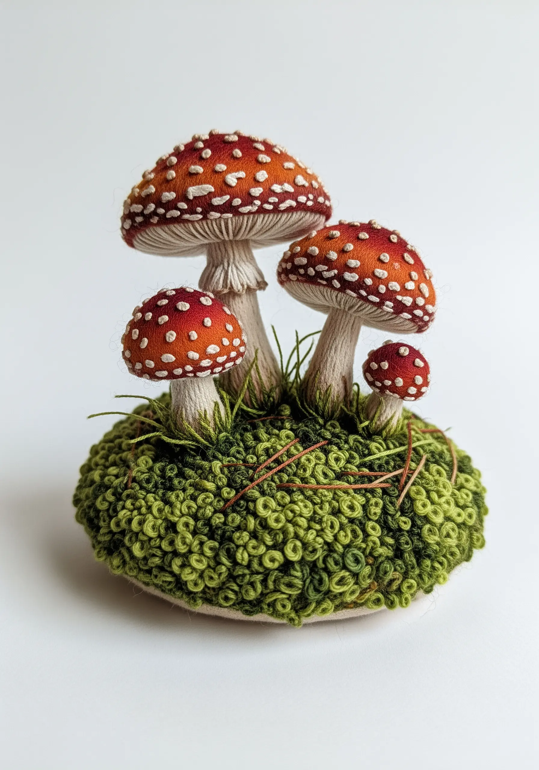 A 3D stumpwork sculpture of fly agaric mushrooms on a mossy base made of French knots.