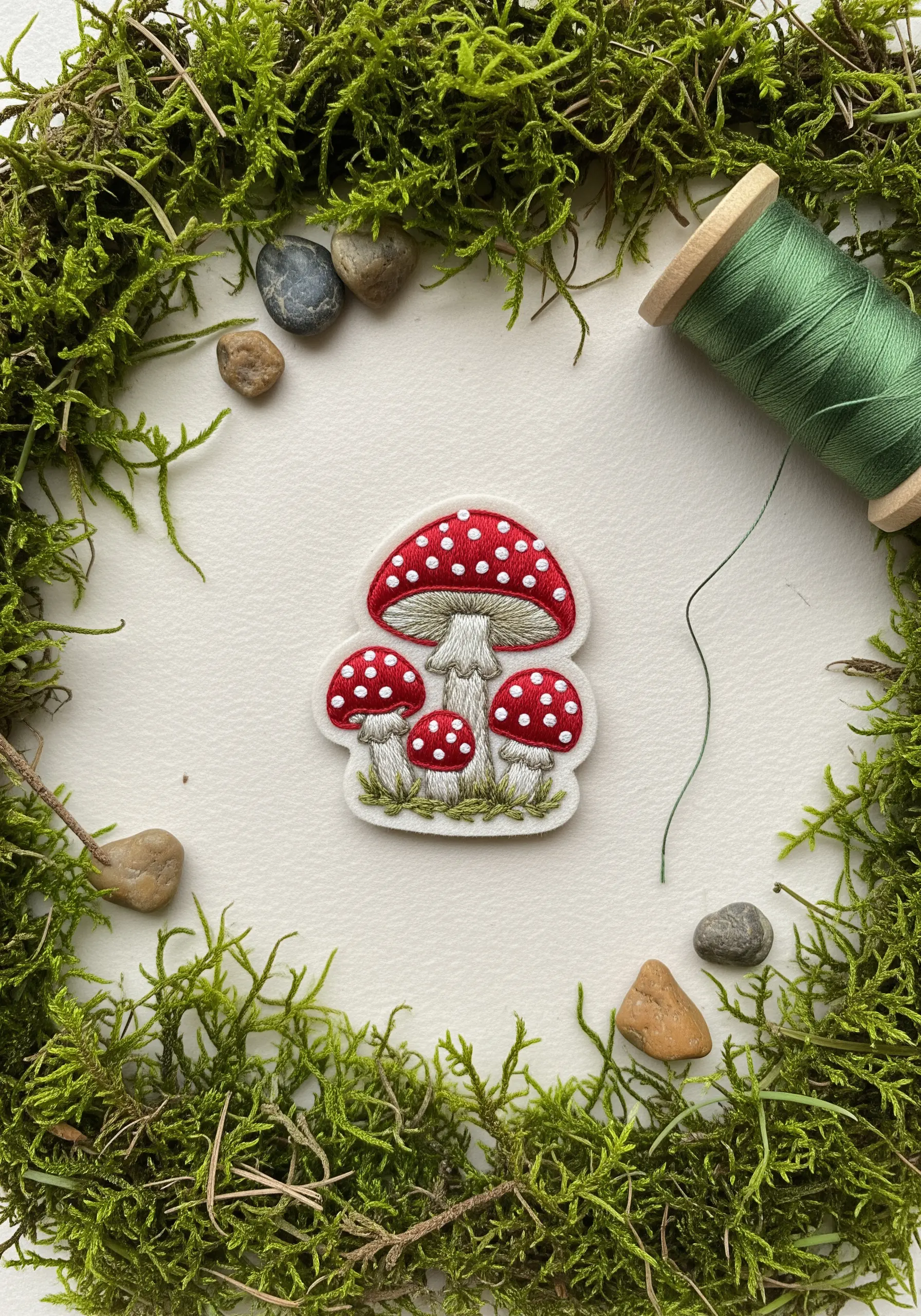 A small, embroidered patch of red and white amanita mushrooms