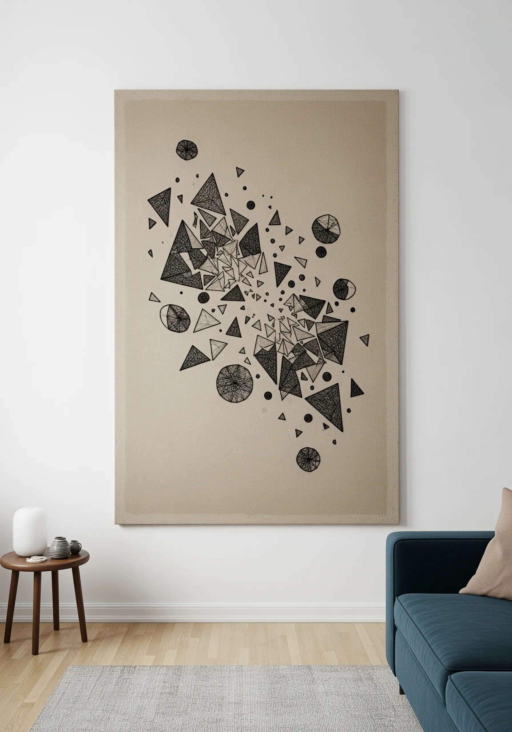 A large canvas with an abstract 'explosion' of embroidered black triangles and circles.