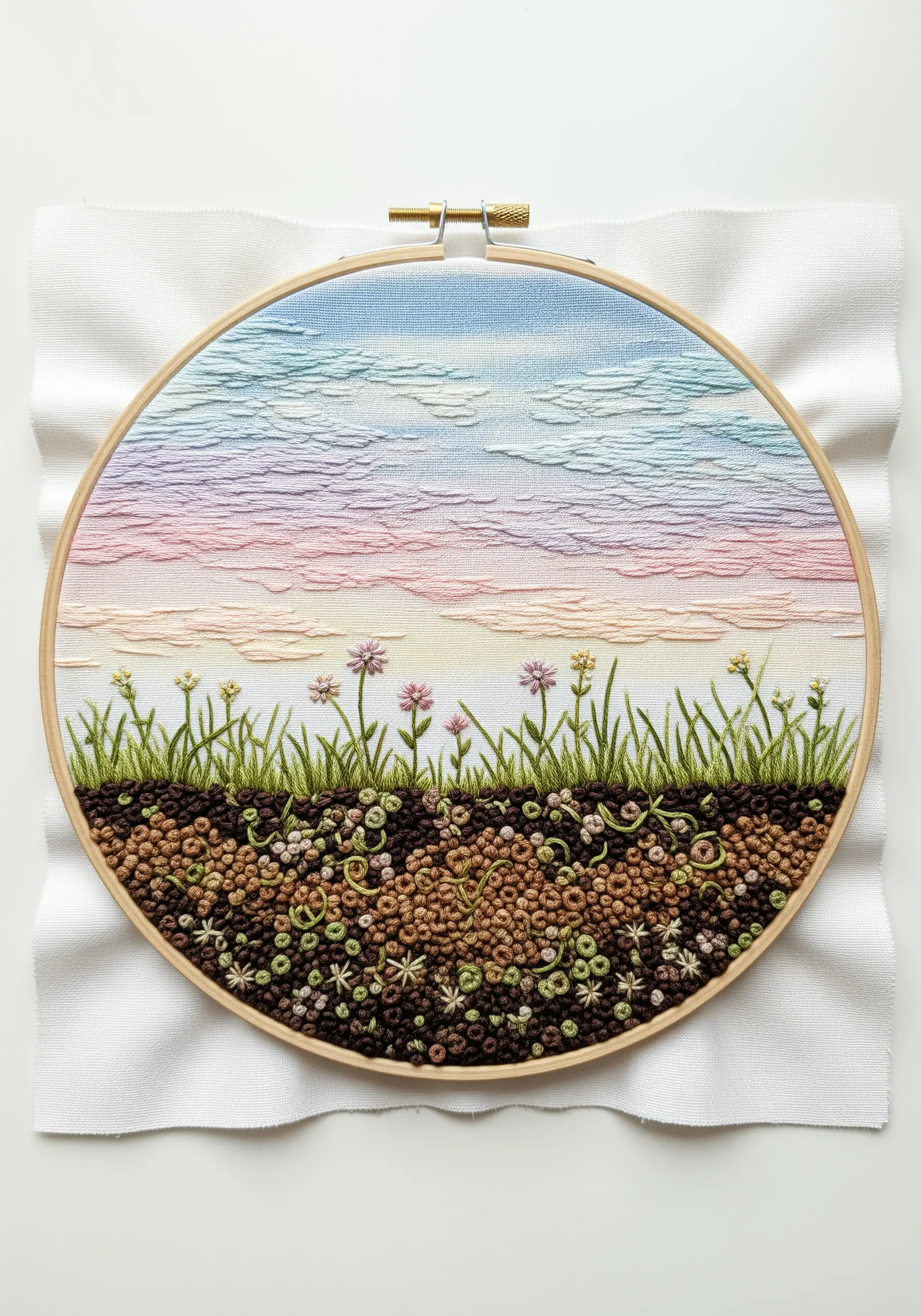 Embroidery hoop showing a cross-section of soil with French knots and a pastel sky.