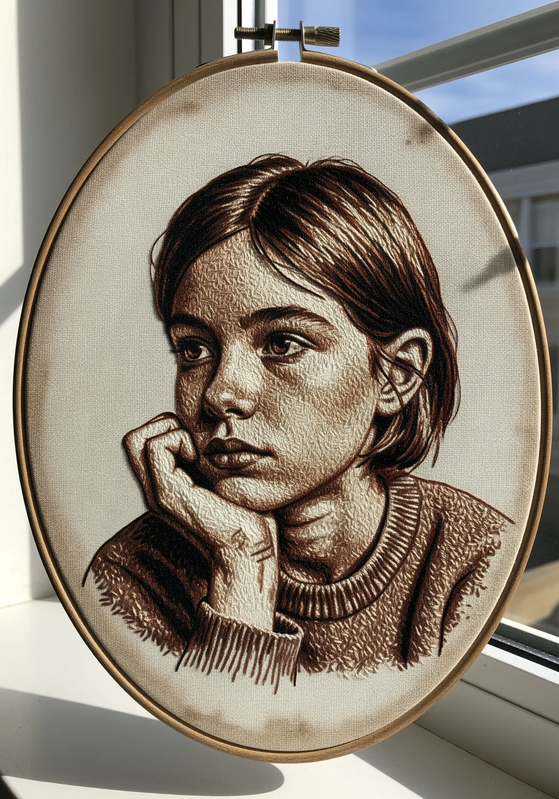 Monochrome sepia-toned embroidered portrait of a young person resting their chin on their hand.