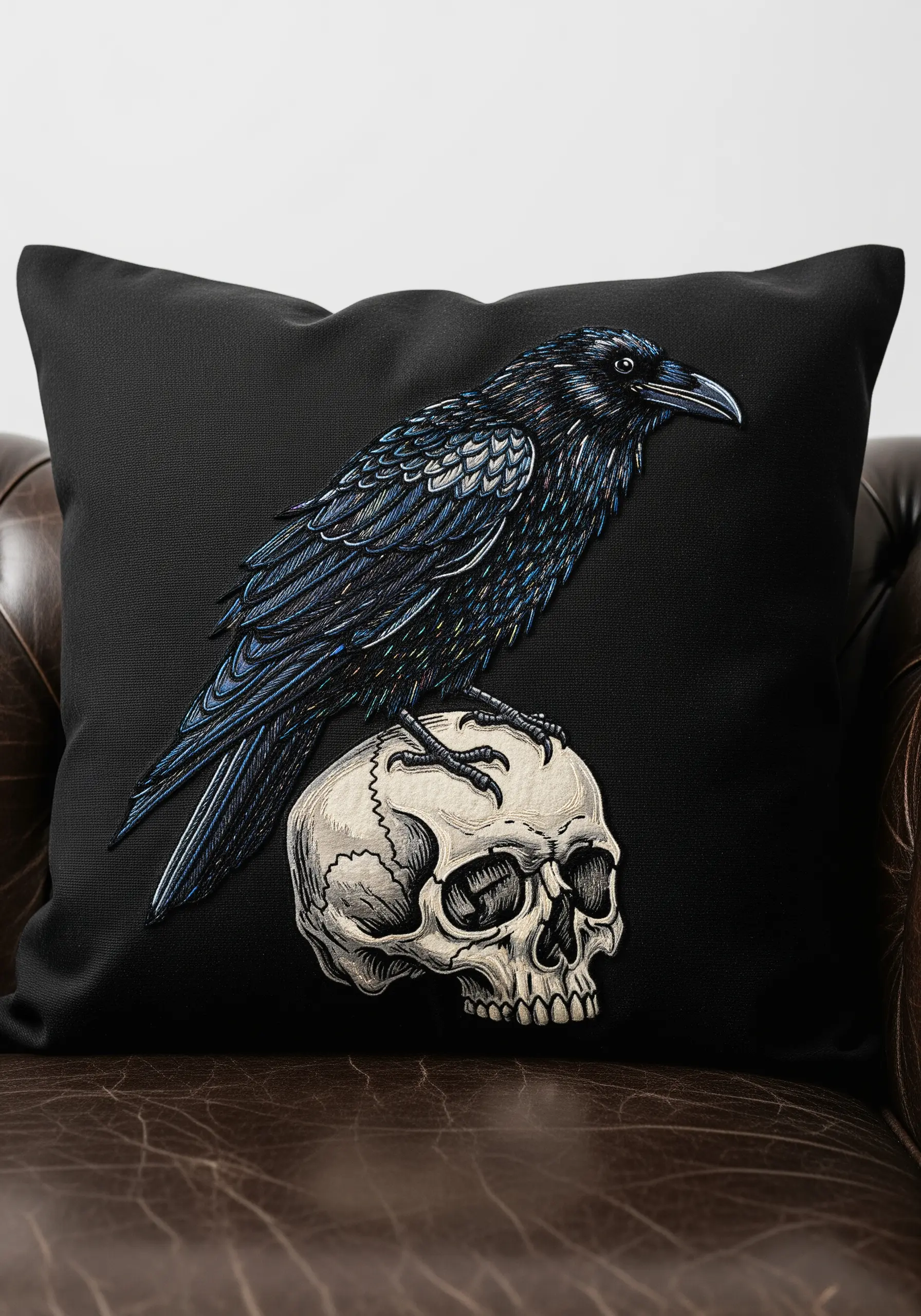 An embroidered raven with blue-black feathers perched on a realistic human skull.