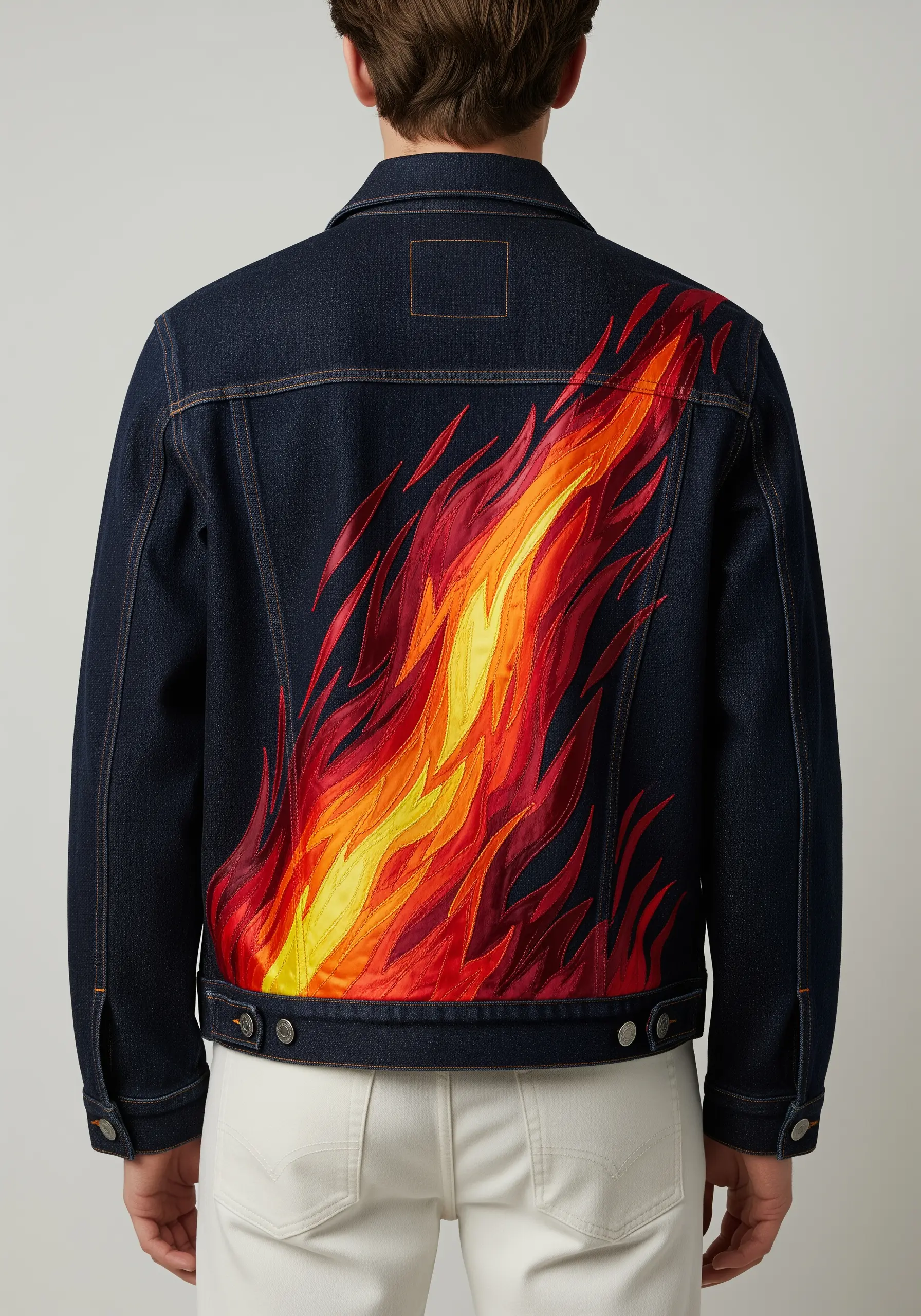 Large, vibrant flames in a yellow-to-red gradient on the back of a dark denim jacket.