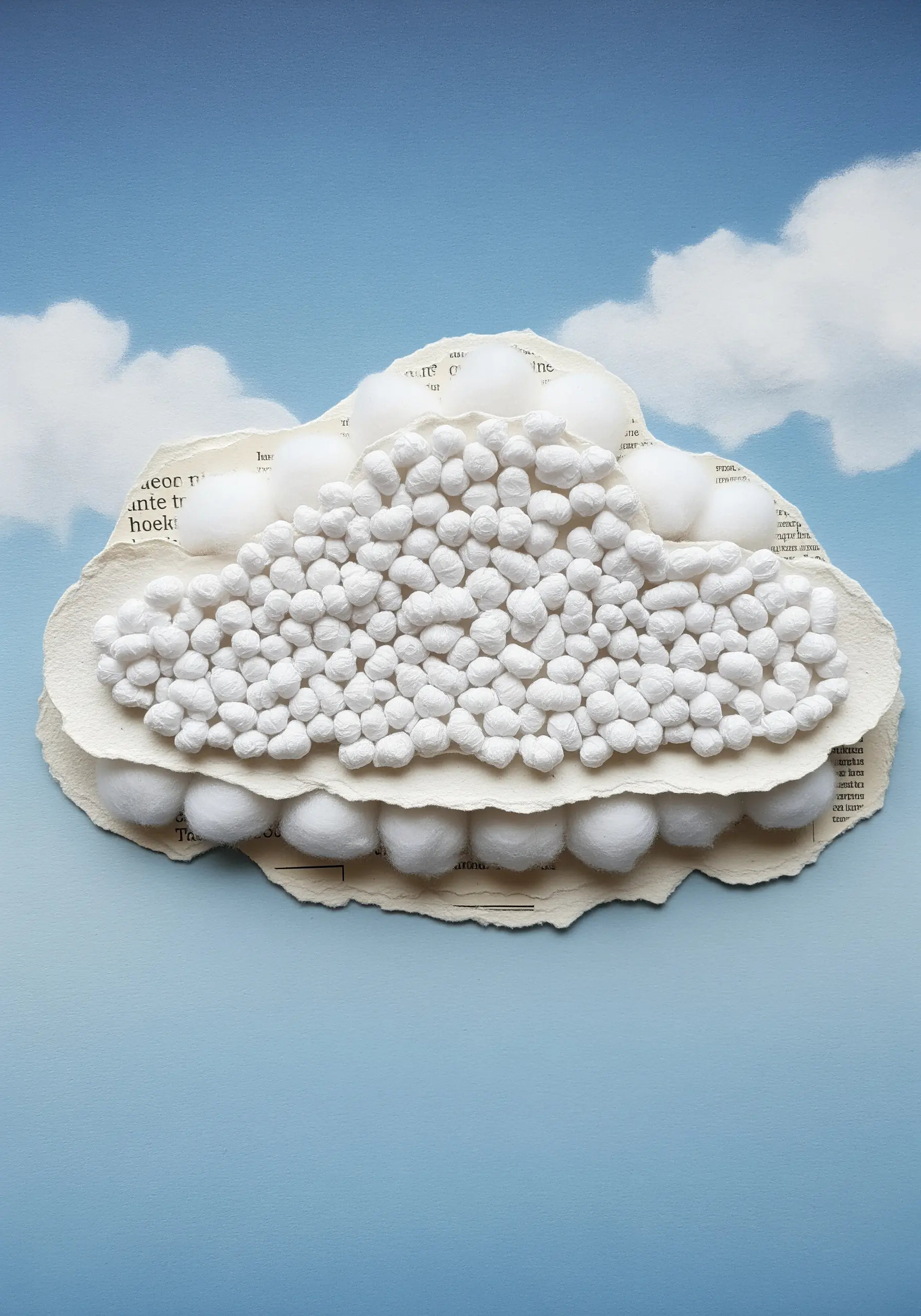 A fluffy cloud made from layered paper and textured cotton balls.