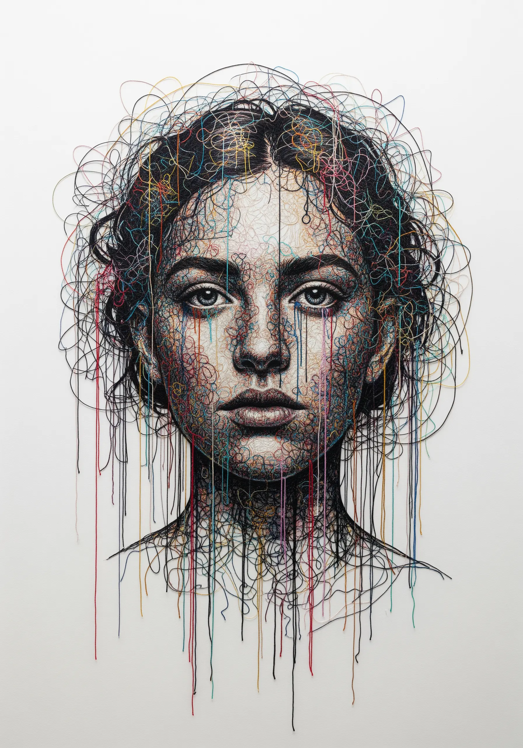 Expressive embroidered portrait made of colorful, chaotic, scribbled thread lines.