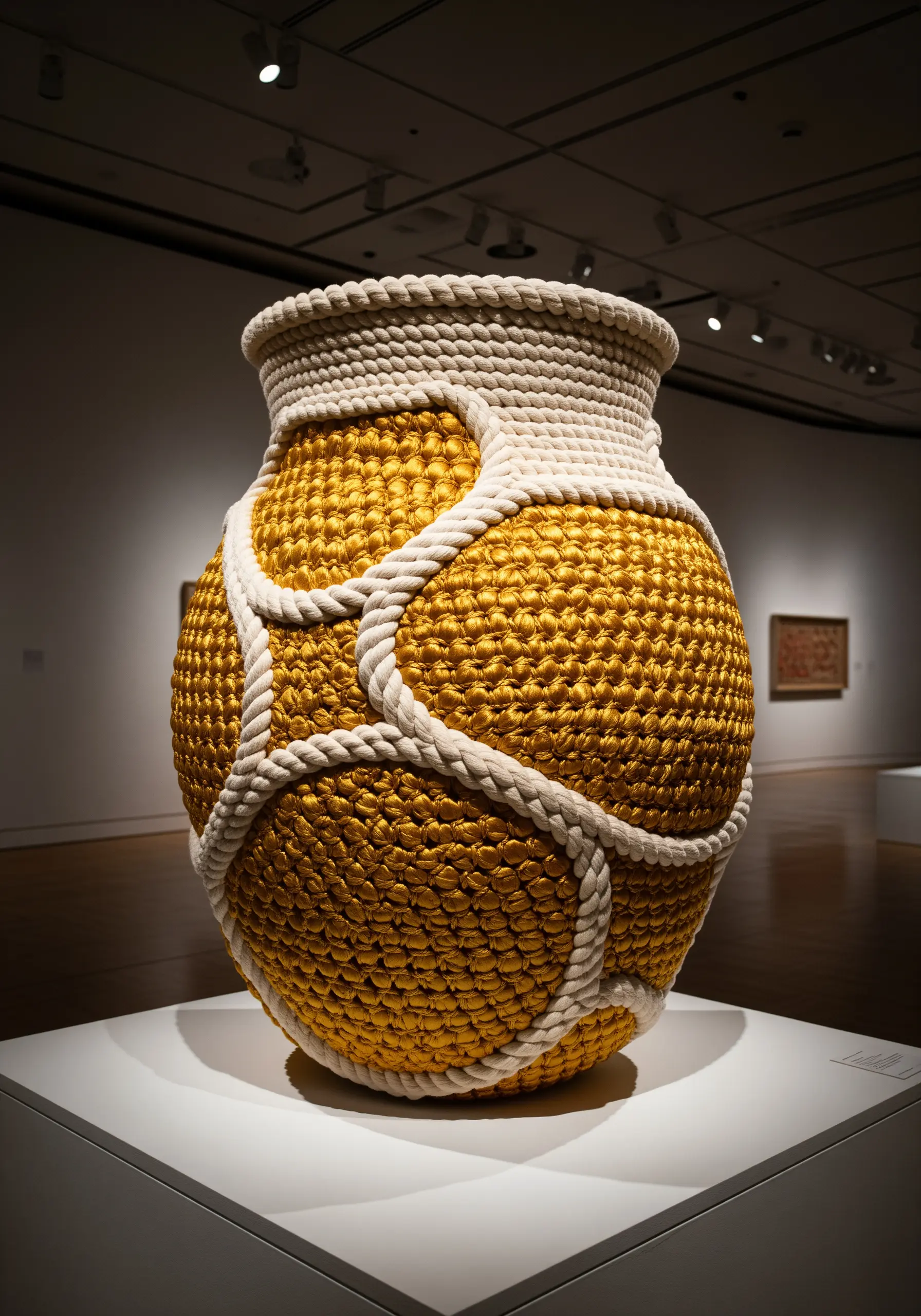 A large golden vessel made of dense stitching, overlaid with a thick white rope in a net pattern.
