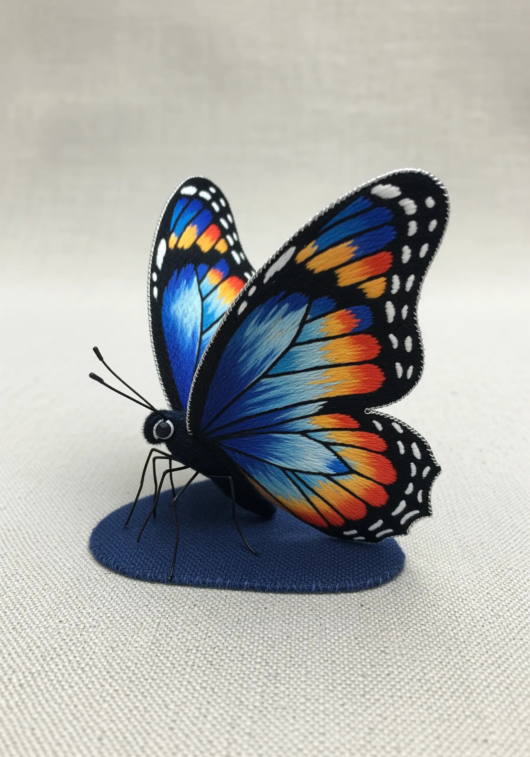 A freestanding 3D butterfly with colorful thread-painted wings, created with stumpwork techniques.