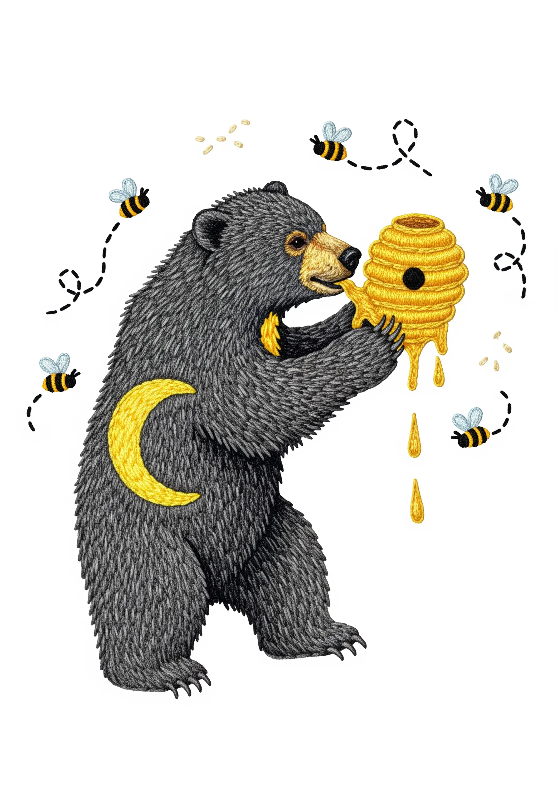 A realistic black bear embroidered with detailed fur, holding a dripping beehive.