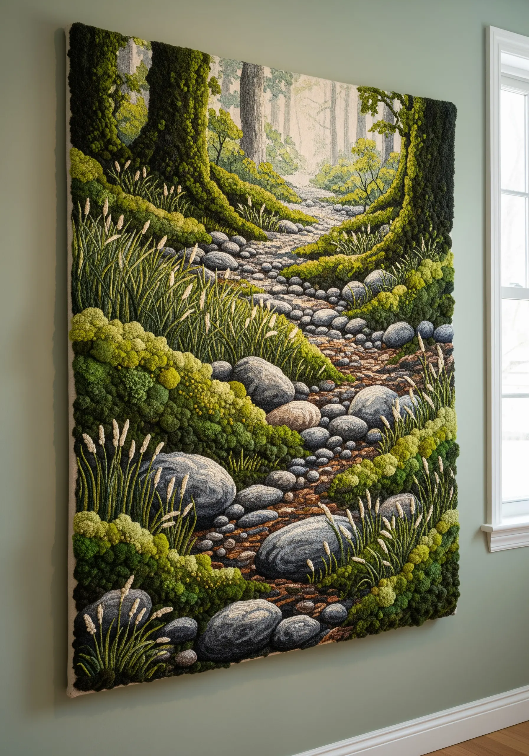 Large embroidery tapestry of a mossy forest path with highly textured moss and stones.