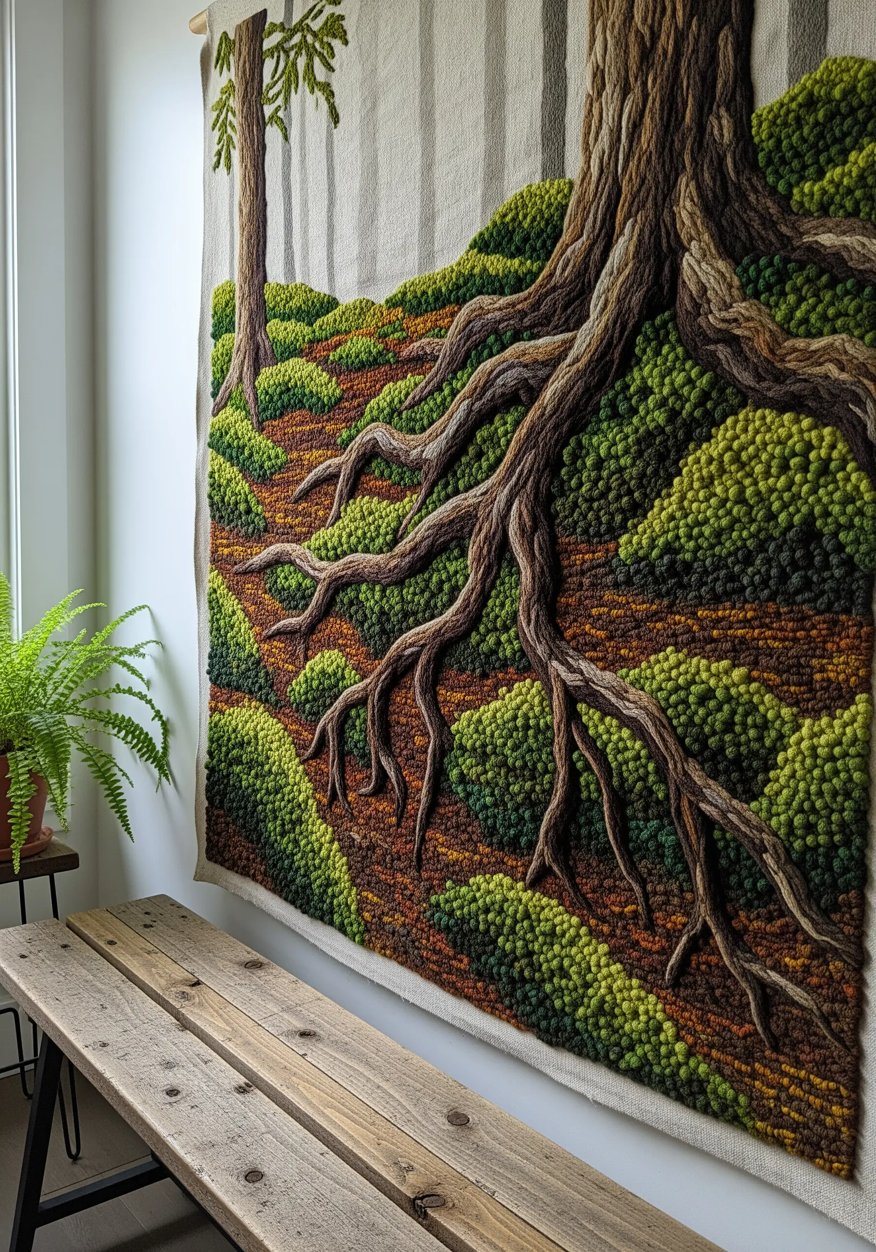 Large-scale punch needle and couching tapestry of a forest floor with tree roots.