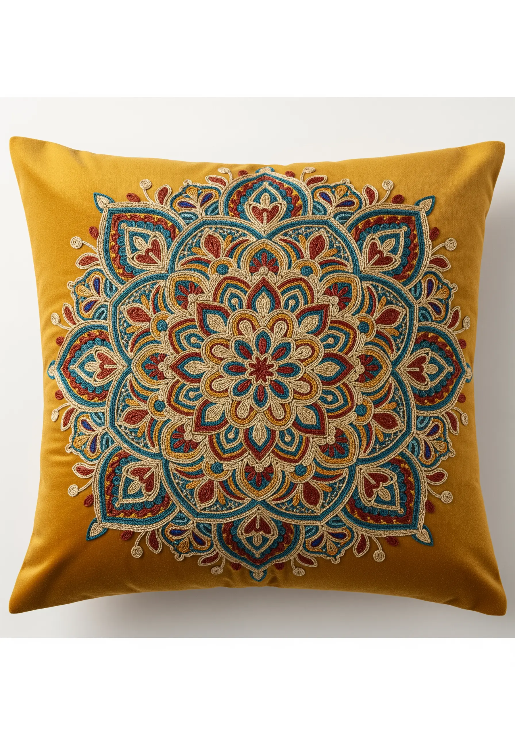 A complex embroidered mandala in red, blue, and gold on a mustard yellow pillow.