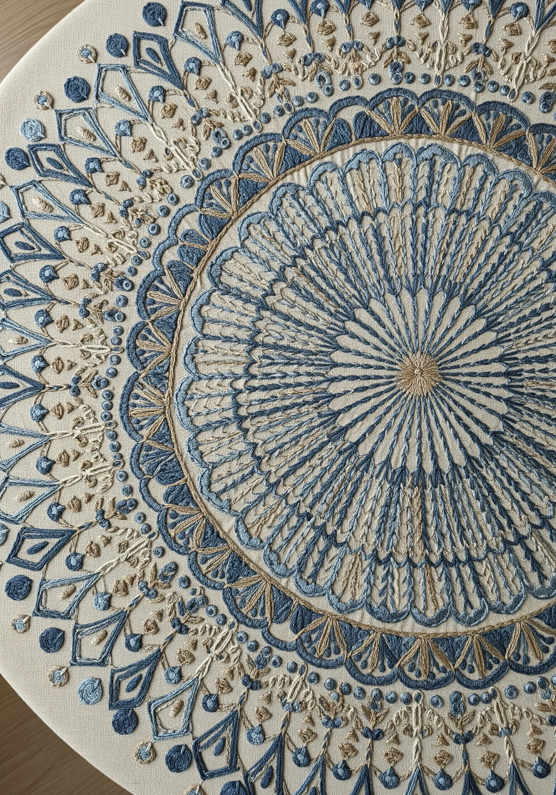 A detailed close-up of an intricate blue, cream, and gold embroidered mandala.
