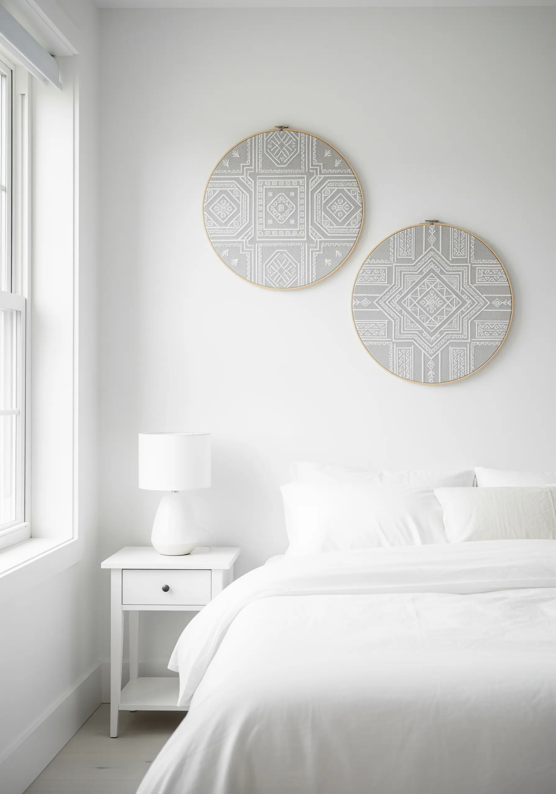 Two large hoops with intricate white geometric patterns on gray fabric in a white bedroom.