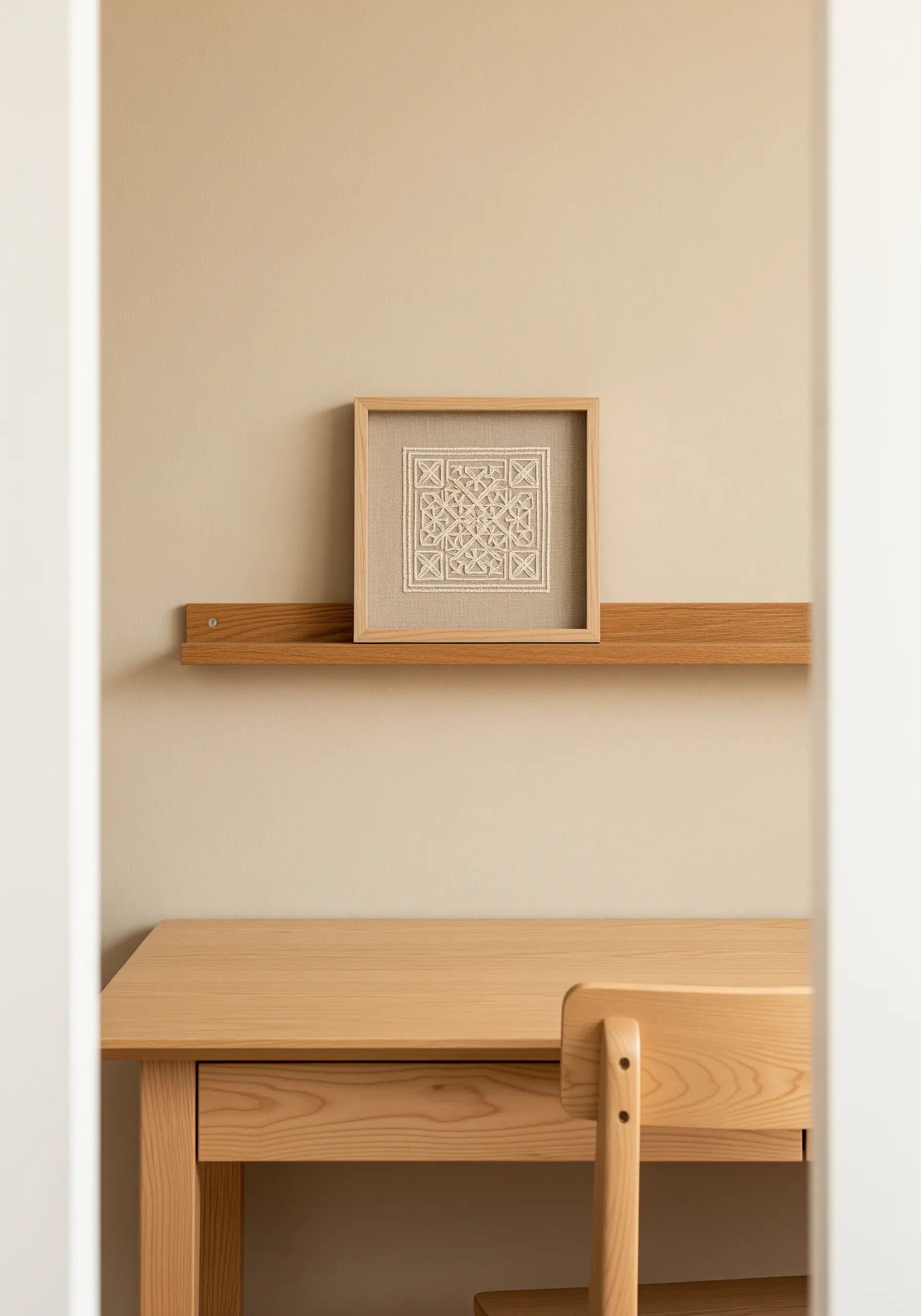 Framed geometric embroidery with intricate blackwork-style patterns in a single off-white color.