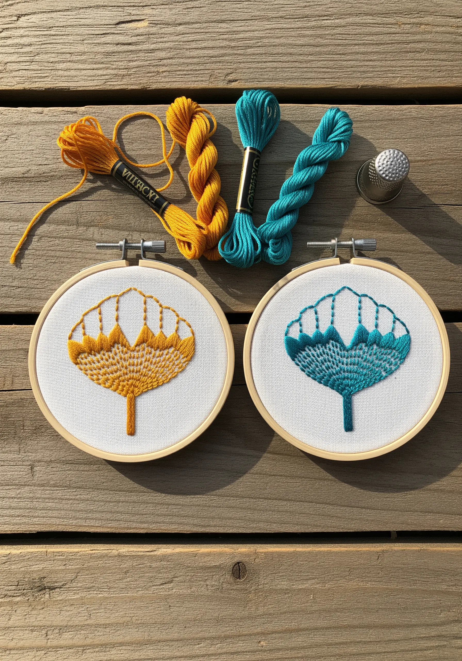 Two hoops with fan-shaped motifs in yellow and teal using open fill stitches.