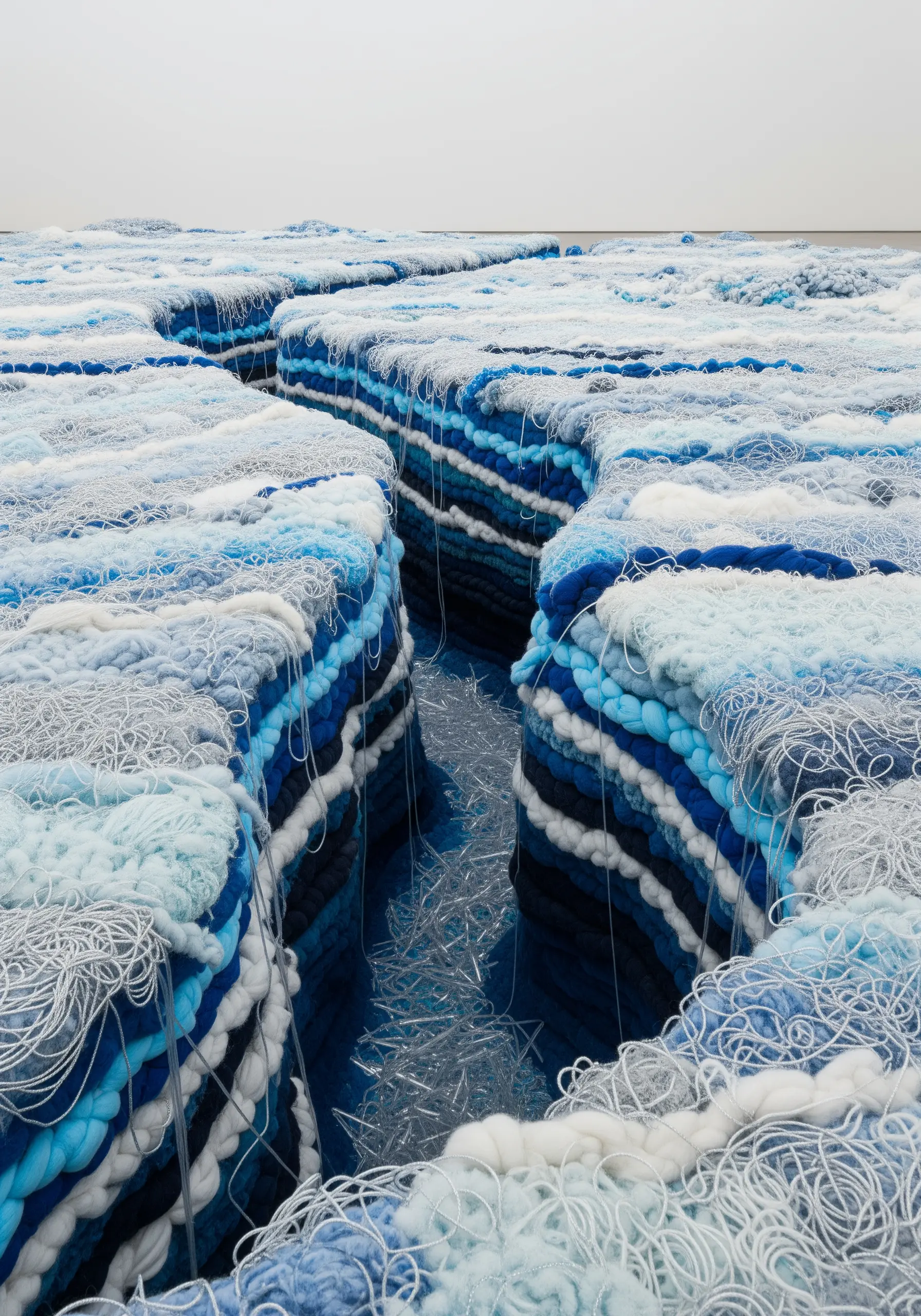 An abstract landscape made of layered strips of blue, white, and silver yarn and fabric.