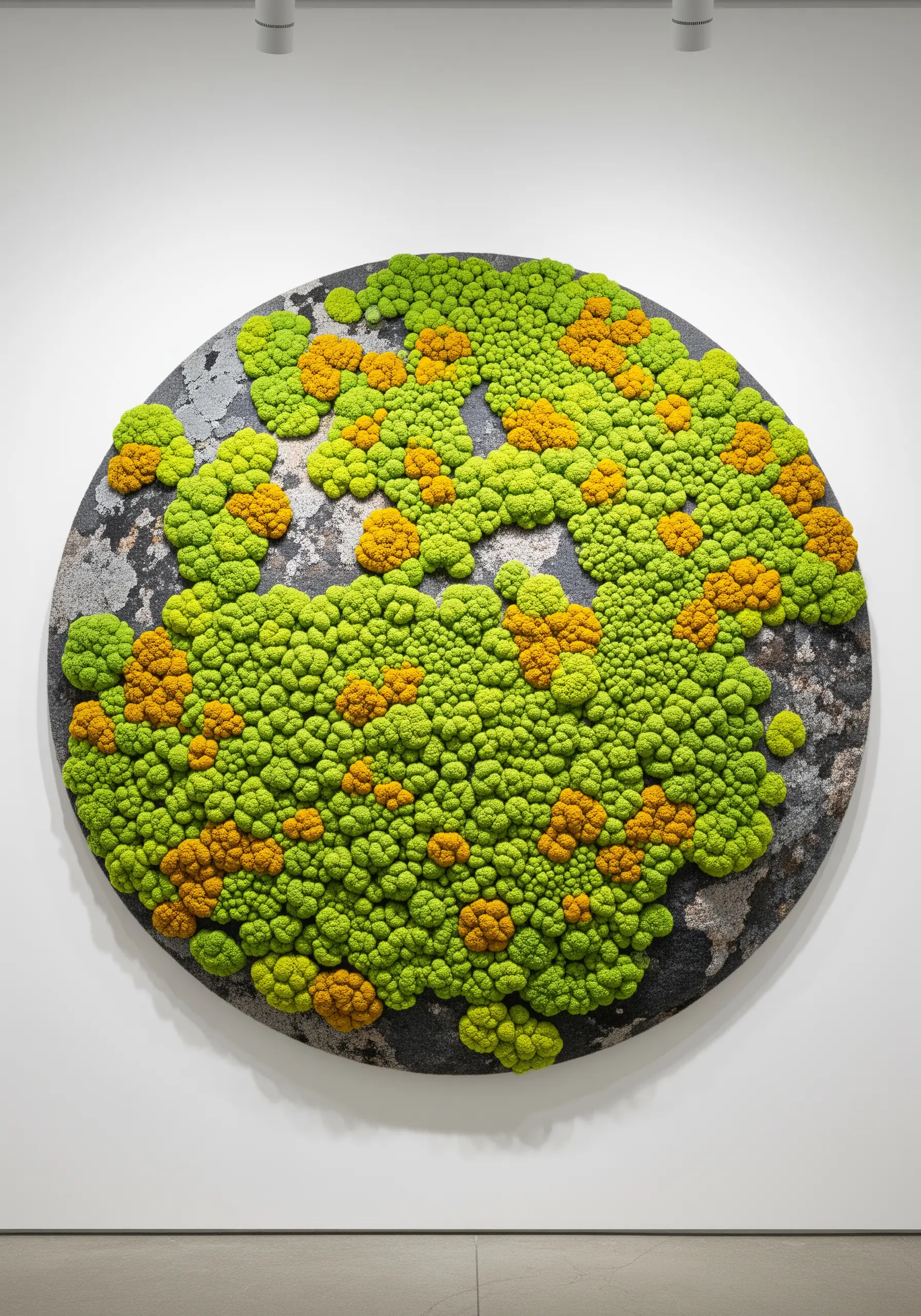 A large circular textile art piece covered in dense green and yellow French knots resembling moss.