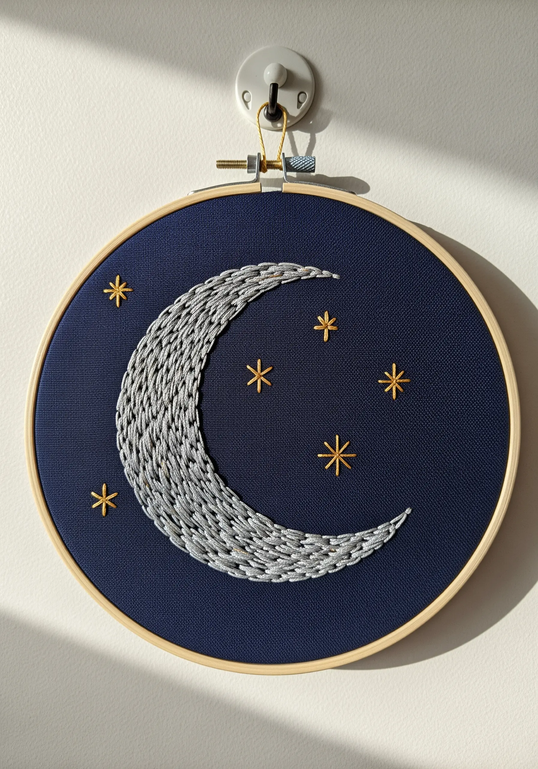 A crescent moon filled with silver thread on dark blue fabric, with small gold stars.