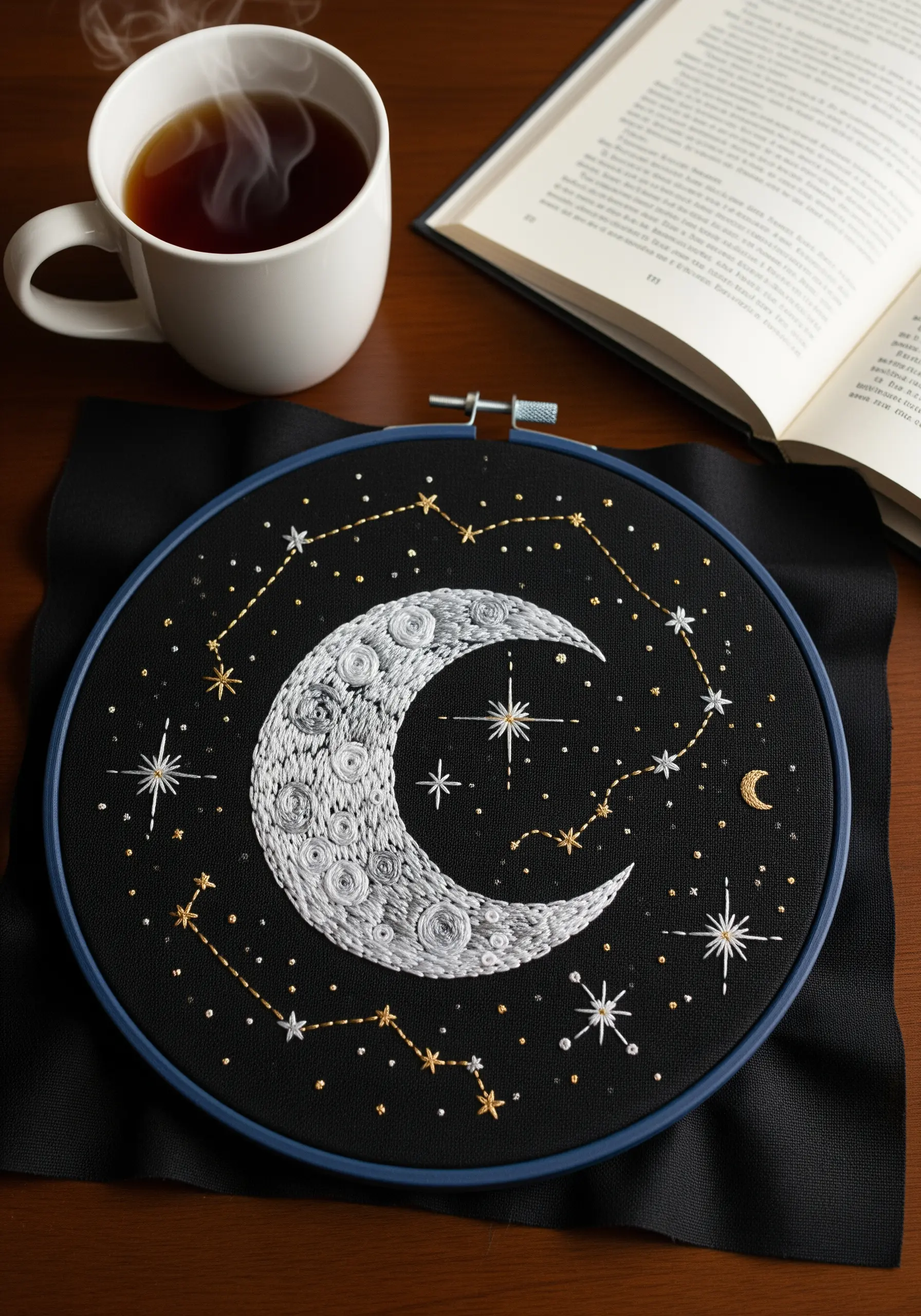 An embroidered crescent moon on black fabric with intricate textural stitches and gold stars.