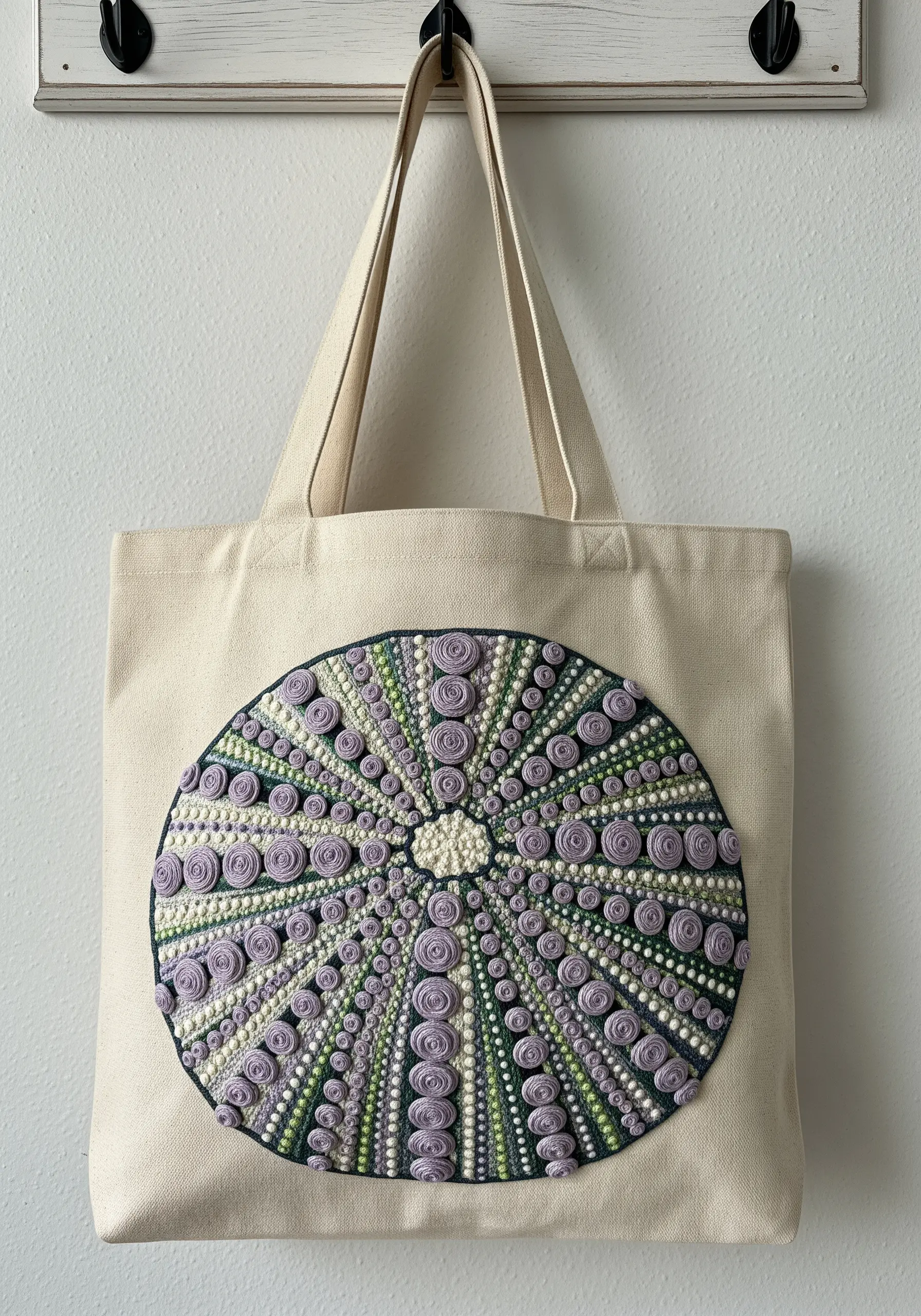 A canvas tote bag featuring a large, embroidered sea urchin design with raised purple and green textures.