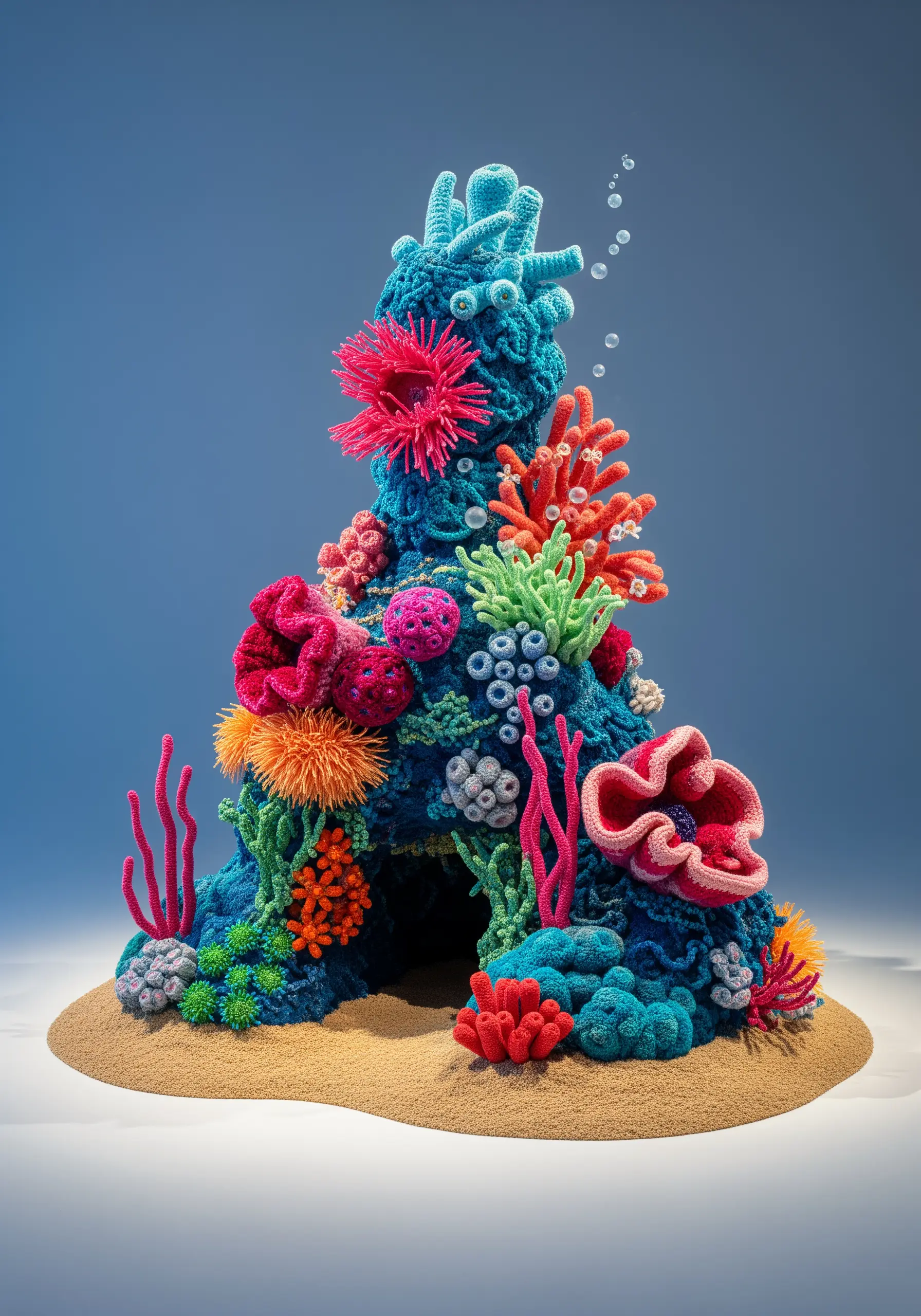 A vibrant, multi-textured sculpture of a coral reef made from crocheted and knotted yarn.