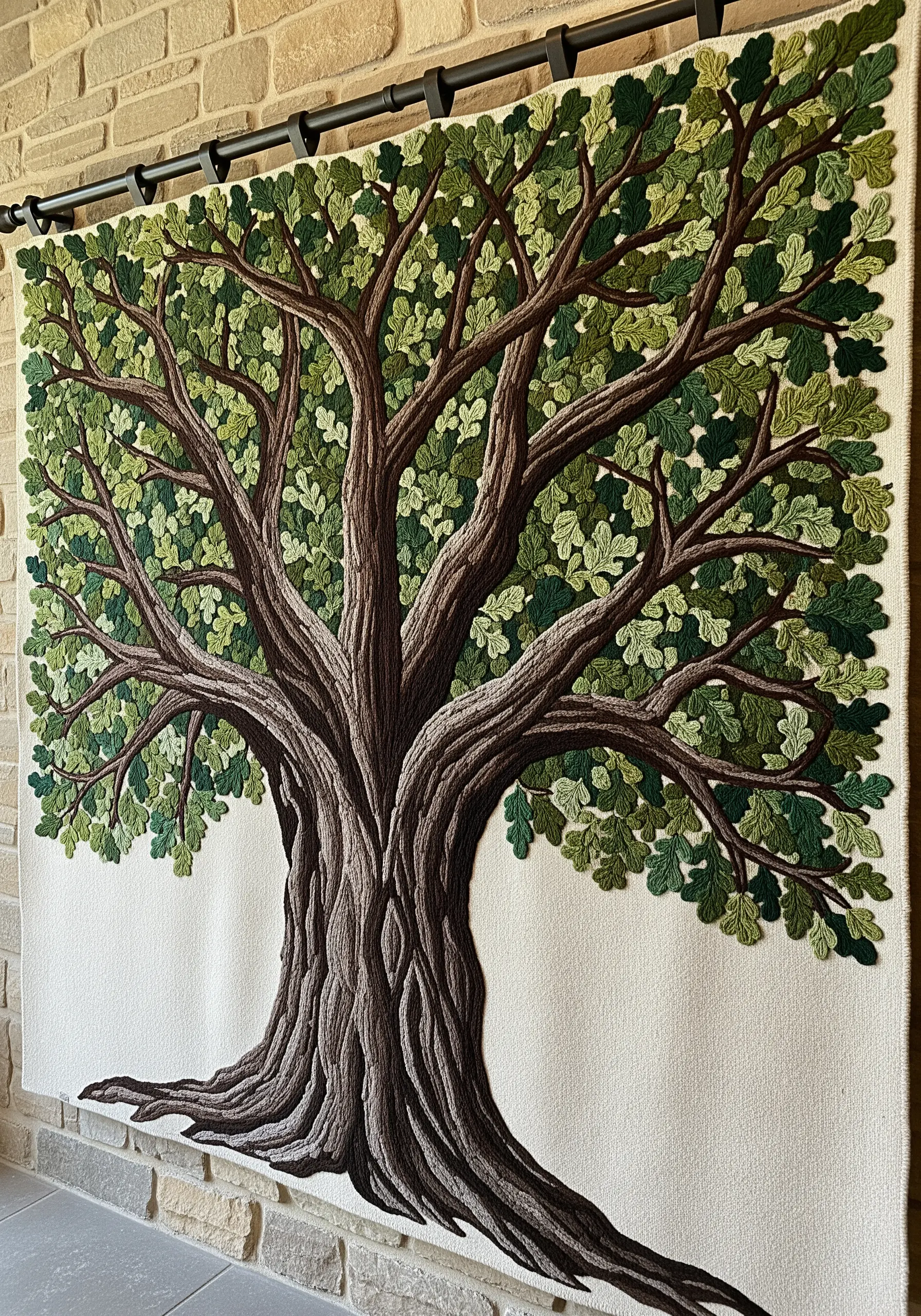 A large, intricate embroidery tapestry of a sprawling oak tree with dense foliage.