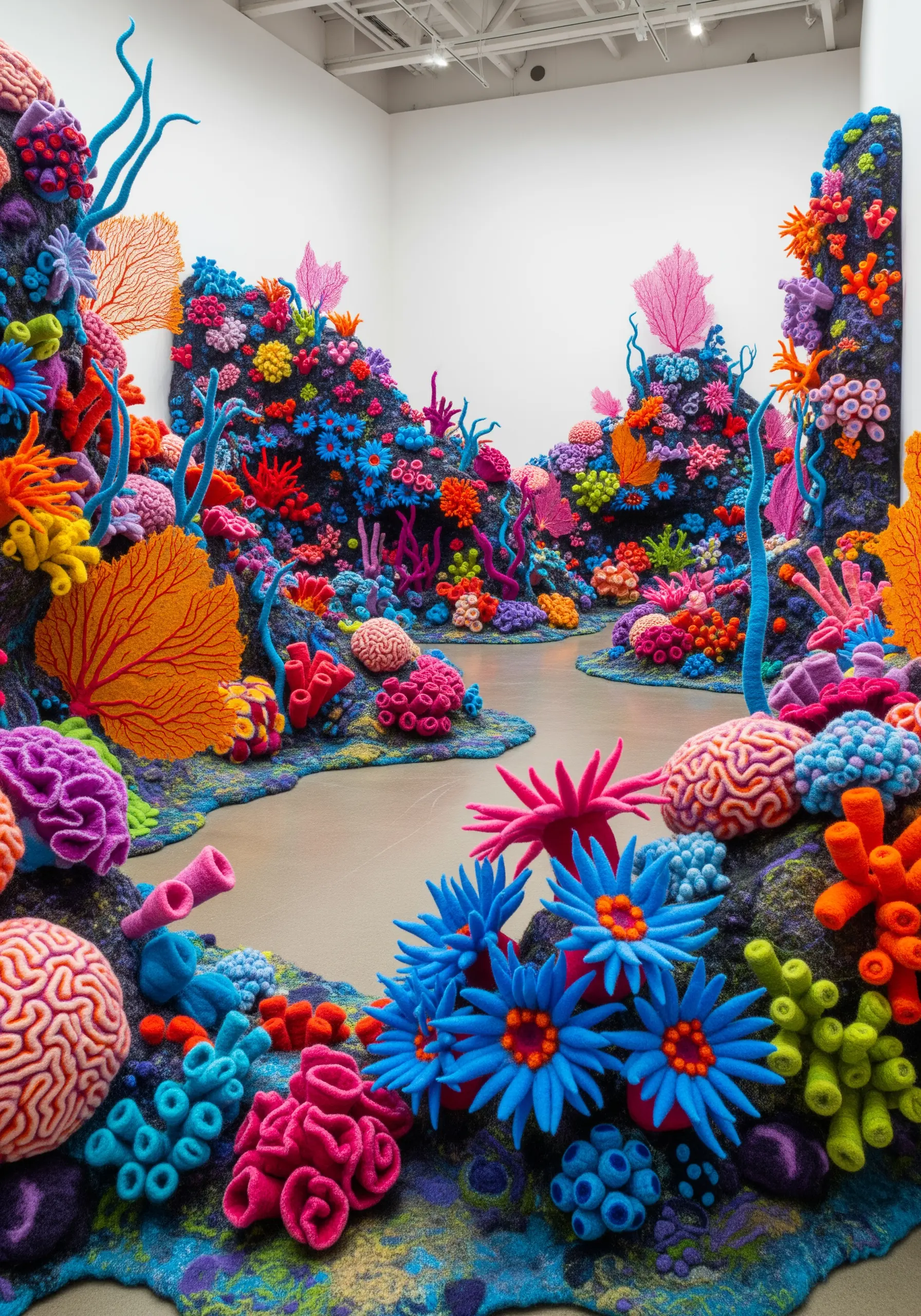 A vibrant, immersive fiber art installation mimicking a colorful coral reef.