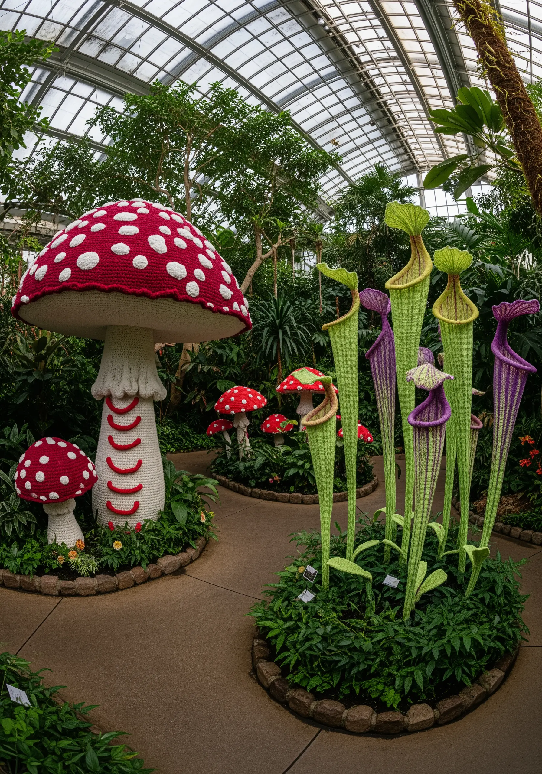 Giant crocheted mushrooms and pitcher plants in a lush greenhouse setting