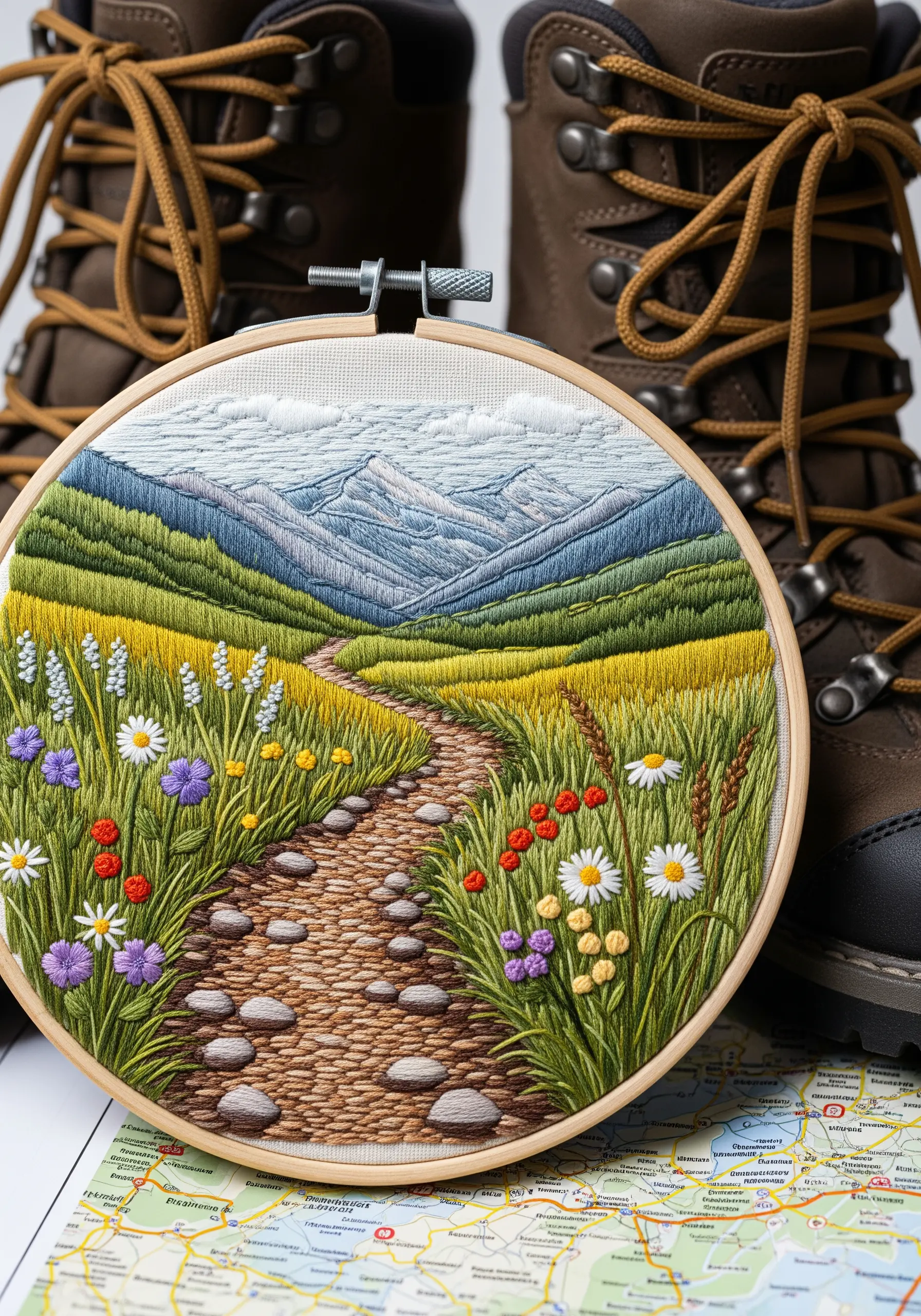 Embroidered hiking path leading through a field of wildflowers toward distant mountains.