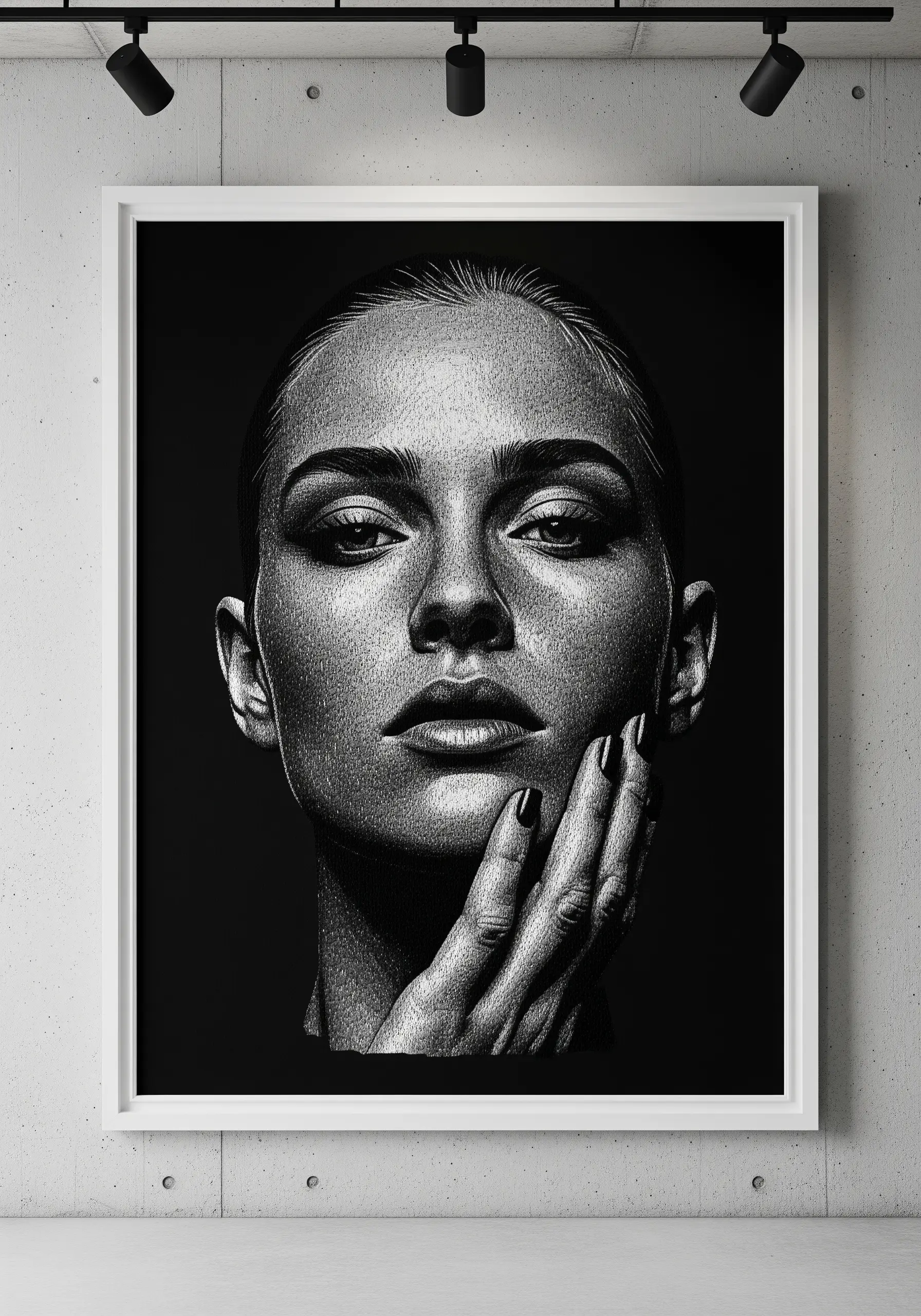 A high-contrast black and white portrait created with a dense, pointillist stitching technique.