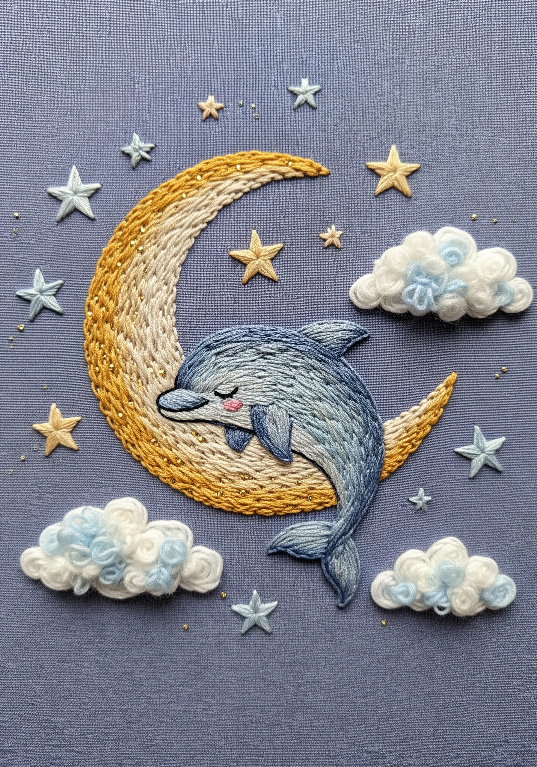 A sleeping dolphin on a 3D crescent moon, surrounded by plush, textured white clouds.